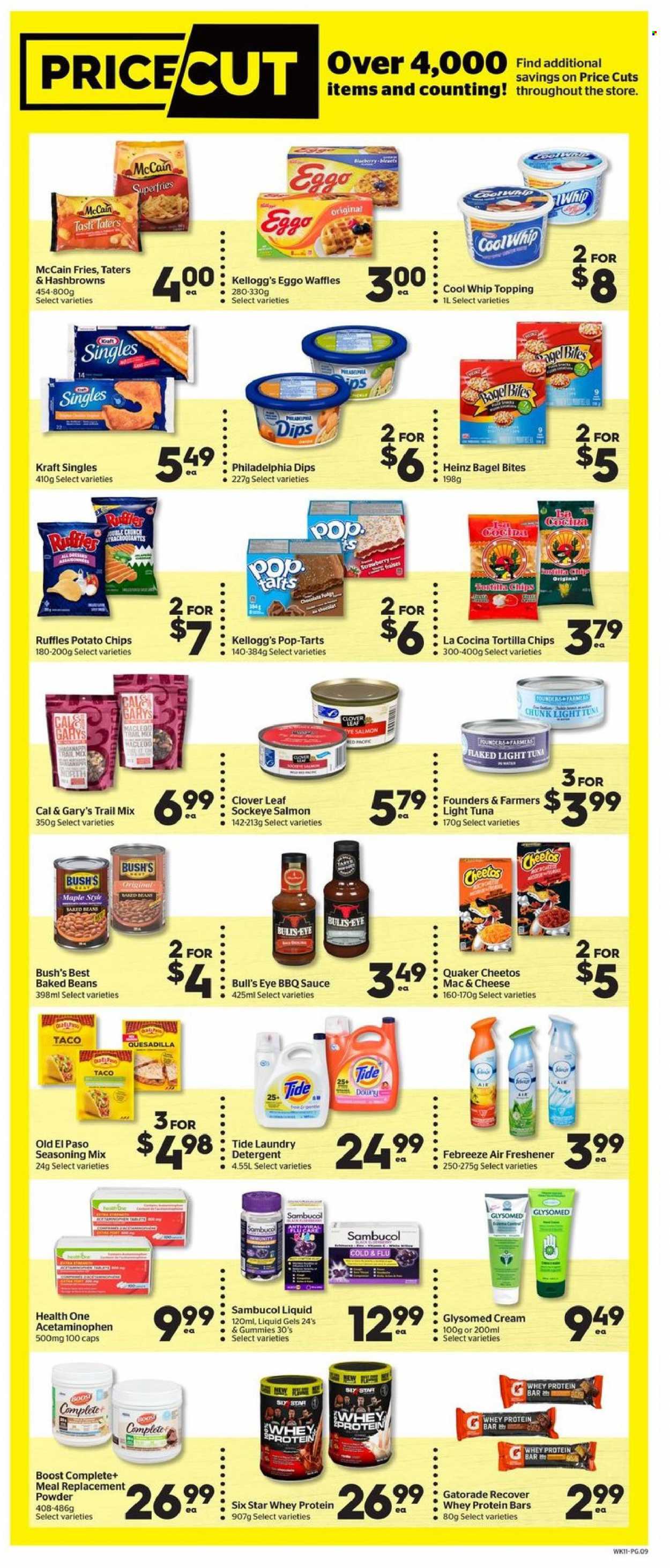 thumbnail - Calgary Co-op Flyer - January 13, 2022 - January 19, 2022 - Sales products - bagels, Old El Paso, waffles, beans, salmon, tuna, sauce, Quaker, Kraft®, sandwich slices, cheese, Kraft Singles, Clover, Cool Whip, McCain, hash browns, potato fries, Kellogg's, Pop-Tarts, tortilla chips, potato chips, Cheetos, Ruffles, topping, light tuna, baked beans, protein bar, spice, BBQ sauce, trail mix, Gatorade, Boost, Tide, laundry detergent, Cold & Flu, whey protein, Sambucol, Heinz, detergent, Philadelphia, chips. Page 10.
