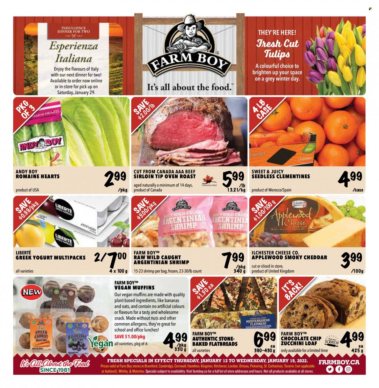 thumbnail - Farm Boy Flyer - January 13, 2022 - January 19, 2022 - Sales products - muffin, zucchini, clementines, shrimps, cheddar, cheese, greek yoghurt, yoghurt, chocolate chips, snack, beef meat, beef sirloin. Page 1.