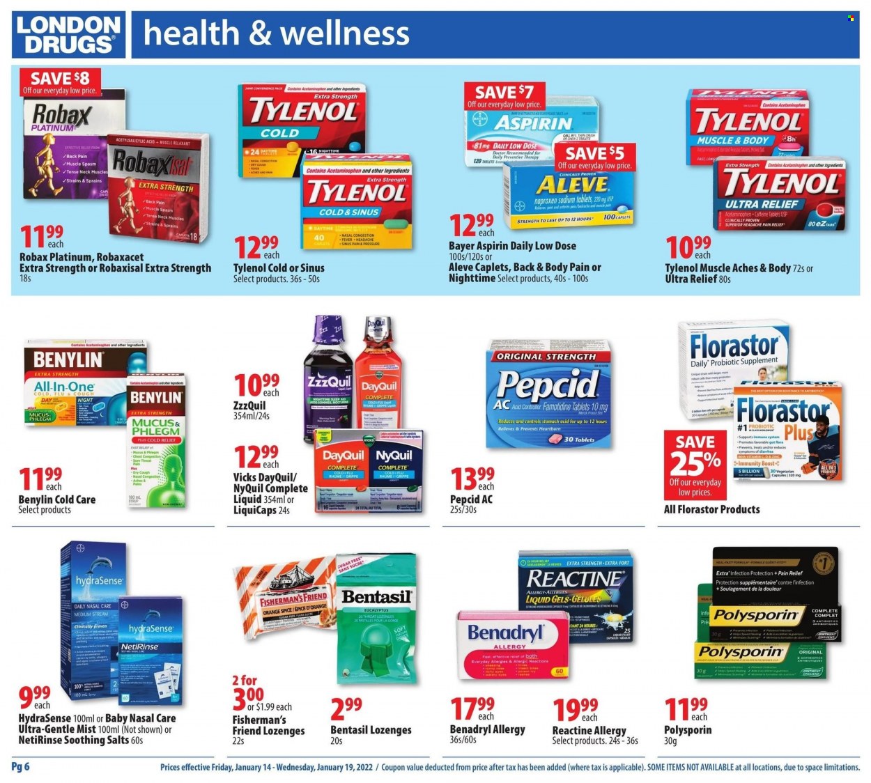 thumbnail - London Drugs Flyer - January 14, 2022 - January 19, 2022 - Sales products - spice, syrup, Boost, Vicks, pain relief, Aleve, DayQuil, Cold & Flu, Tylenol, ZzzQuil, probiotics, Pepcid, NyQuil, Low Dose, aspirin, Bayer, Benylin. Page 6.