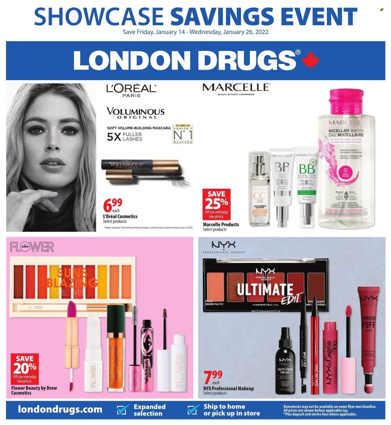 thumbnail - London Drugs Flyer - January 14, 2022 - January 26, 2022 - Sales products - green tea, tea, L’Oréal, micellar water, NYX Cosmetics, Palette, makeup, mascara, setting spray. Page 1.