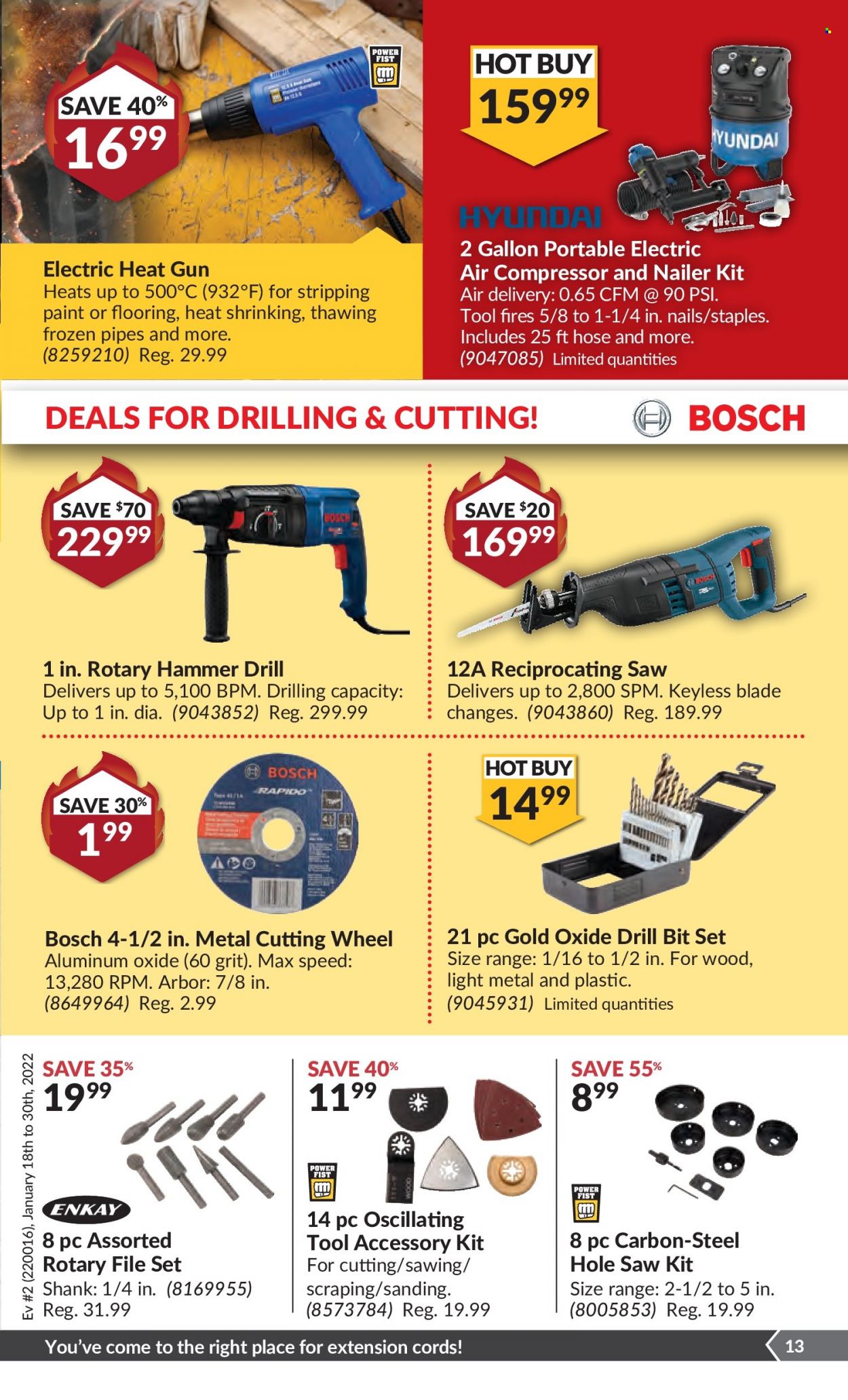 thumbnail - Princess Auto Flyer - January 18, 2022 - January 30, 2022 - Sales products - paint, Bosch, flooring, drill bit set, reciprocating saw, air compressor. Page 14.