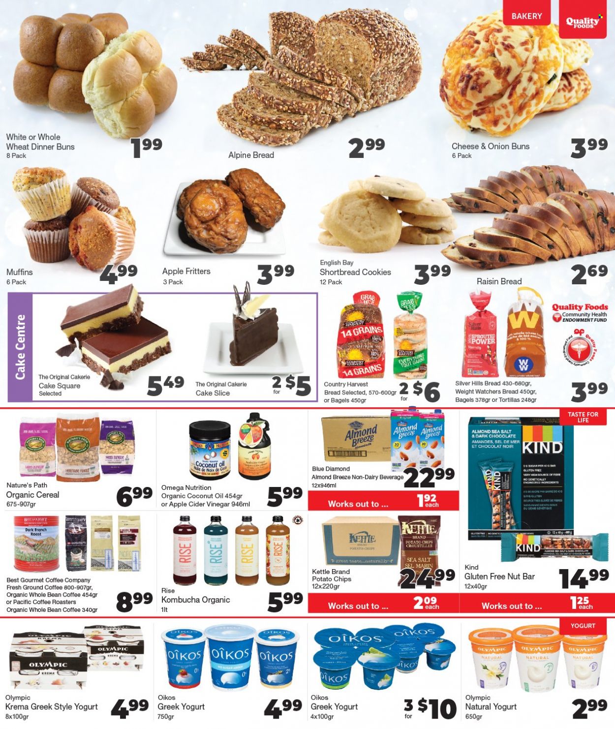 thumbnail - Quality Foods Flyer - January 17, 2022 - January 23, 2022 - Sales products - bagels, bread, tortillas, cake, buns, muffin, greek yoghurt, yoghurt, Oikos, Almond Breeze, Country Harvest, cookies, chocolate, dark chocolate, potato chips, cereals, nut bar, apple cider vinegar, coconut oil, oil, Blue Diamond, kombucha, coffee, ground coffee, Hill's, chips. Page 6.