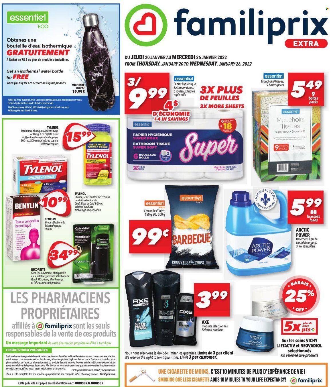 thumbnail - Familiprix Extra Flyer - January 20, 2022 - January 26, 2022 - Sales products - snack, Johnson's, bath tissue, liquid detergent, Vichy, Nicorette, Tylenol, Benylin, detergent, chips. Page 1.