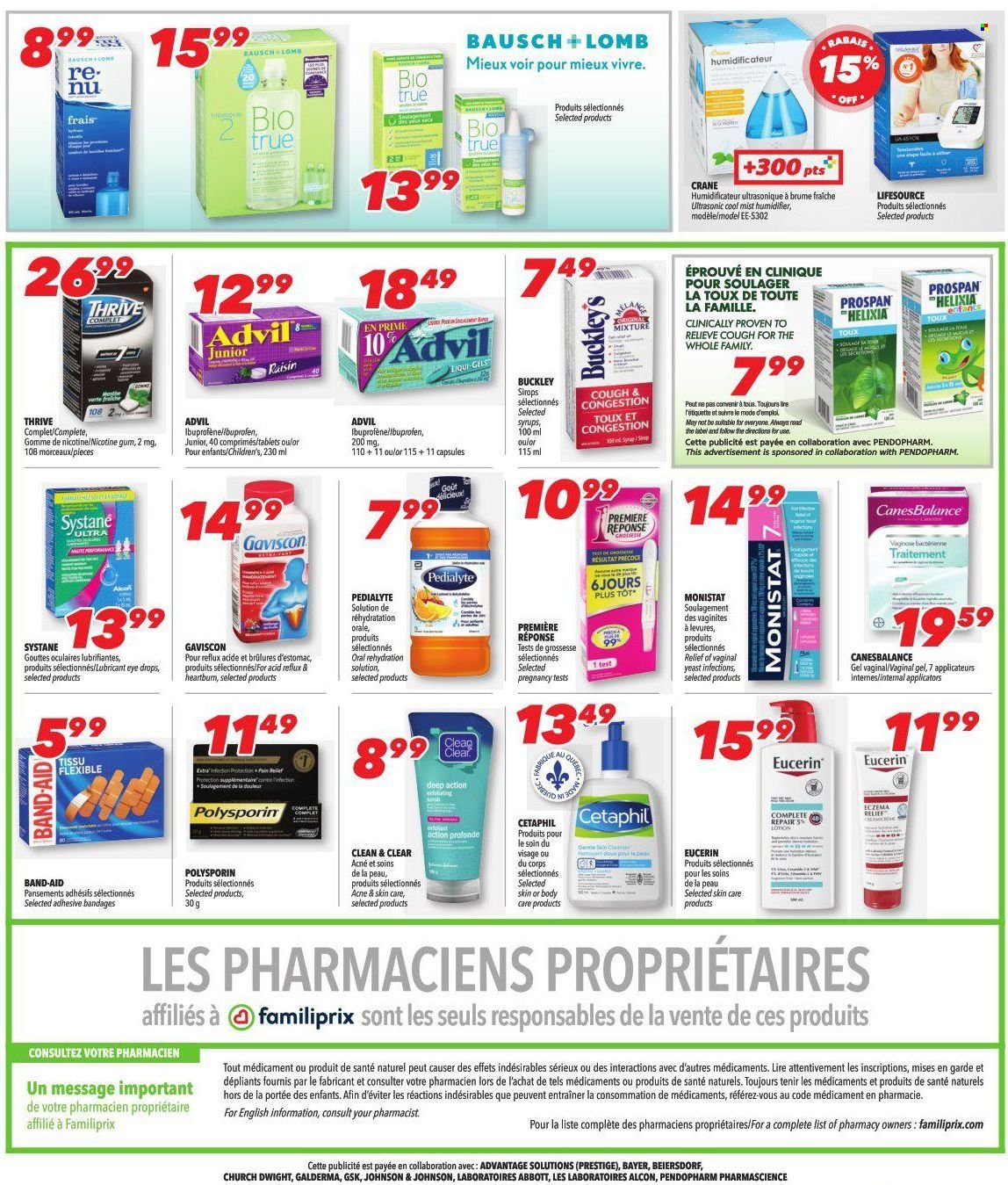 thumbnail - Familiprix Extra Flyer - January 20, 2022 - January 26, 2022 - Sales products - Johnson's, Clinique, Clean & Clear, body lotion, lubricant, humidifier, nicotine therapy, Biotrue, eye drops, Advil Rapid, Gaviscon, Bayer, band-aid, Eucerin, Systane. Page 4.