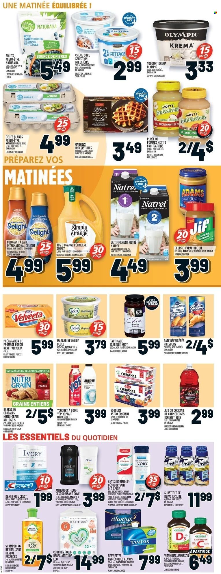 thumbnail - Metro Flyer - January 20, 2022 - January 26, 2022 - Sales products - waffles, blueberries, Mott's, sauce, Pillsbury, Kraft®, cheese spread, yoghurt, Yoplait, kefir, margarine, sour cream, Kellogg's, compote, cereals, Nutri-Grain, spice, apple sauce, peanut butter, Jif, cranberry juice, orange juice, juice, coffee, nappies, toothpaste, Crest, tampons, Olay, Herbal Essences, anti-perspirant, Sure, Dove, shampoo, Tampax, Old Spice. Page 10.