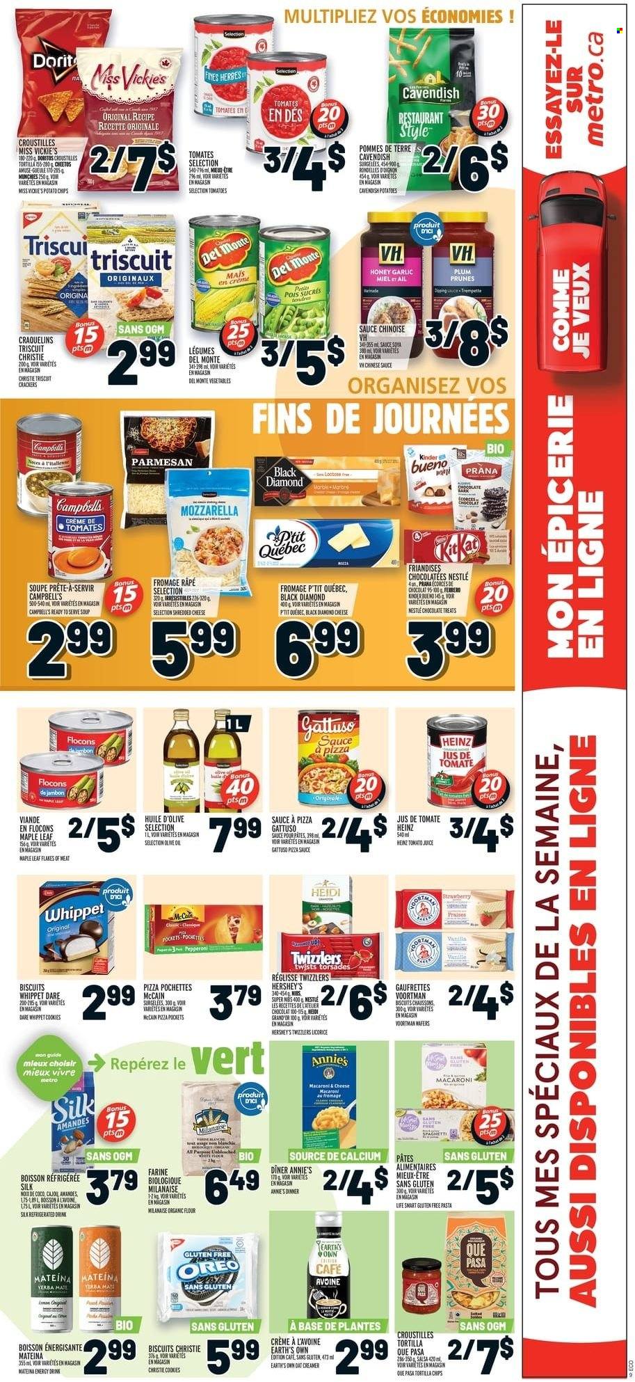 thumbnail - Metro Flyer - January 20, 2022 - January 26, 2022 - Sales products - tortillas, garlic, Campbell's, macaroni, soup, pasta, sauce, Annie's, pepperoni, shredded cheese, parmesan, Silk, creamer, Hershey's, McCain, cookies, chocolate, crackers, Kinder Bueno, biscuit, Cheetos, honey, prunes, dried fruit, energy drink, Oreo, Nestlé, Heinz, calcium, Miele. Page 11.