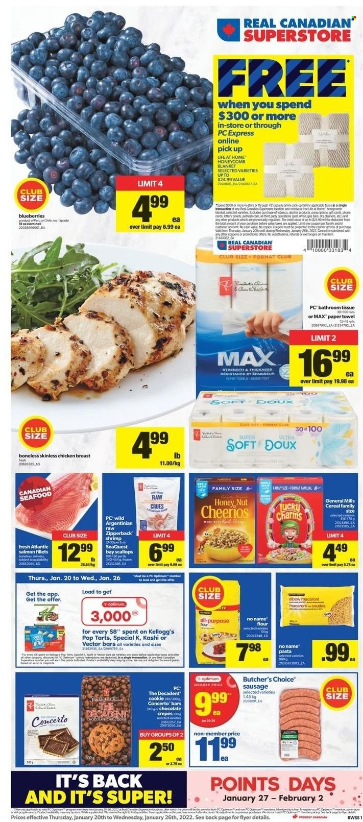 thumbnail - Real Canadian Superstore Flyer - January 20, 2022 - January 26, 2022 - Sales products - blueberries, salmon, salmon fillet, scallops, seafood, shrimps, No Name, pasta, sausage, chocolate, Kellogg's, Pop-Tarts, flour, cereals, Cheerios, chicken breasts, chicken, bath tissue, Rin, paper, blanket, towel. Page 1.