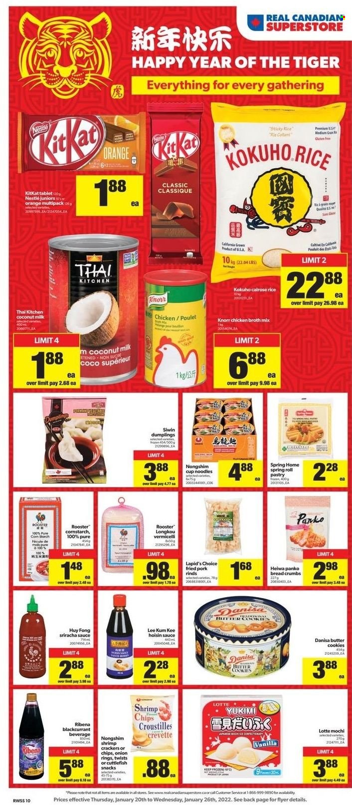 thumbnail - Real Canadian Superstore Flyer - January 20, 2022 - January 26, 2022 - Sales products - tablet, breadcrumbs, panko breadcrumbs, cuttlefish, shrimps, onion rings, sauce, dumplings, cookies, butter cookies, snack, KitKat, crackers, cornstarch, starch, chicken broth, broth, coconut milk, rice, sriracha, hoisin sauce, Lee Kum Kee, cup, Knorr, Nestlé, oranges. Page 10.