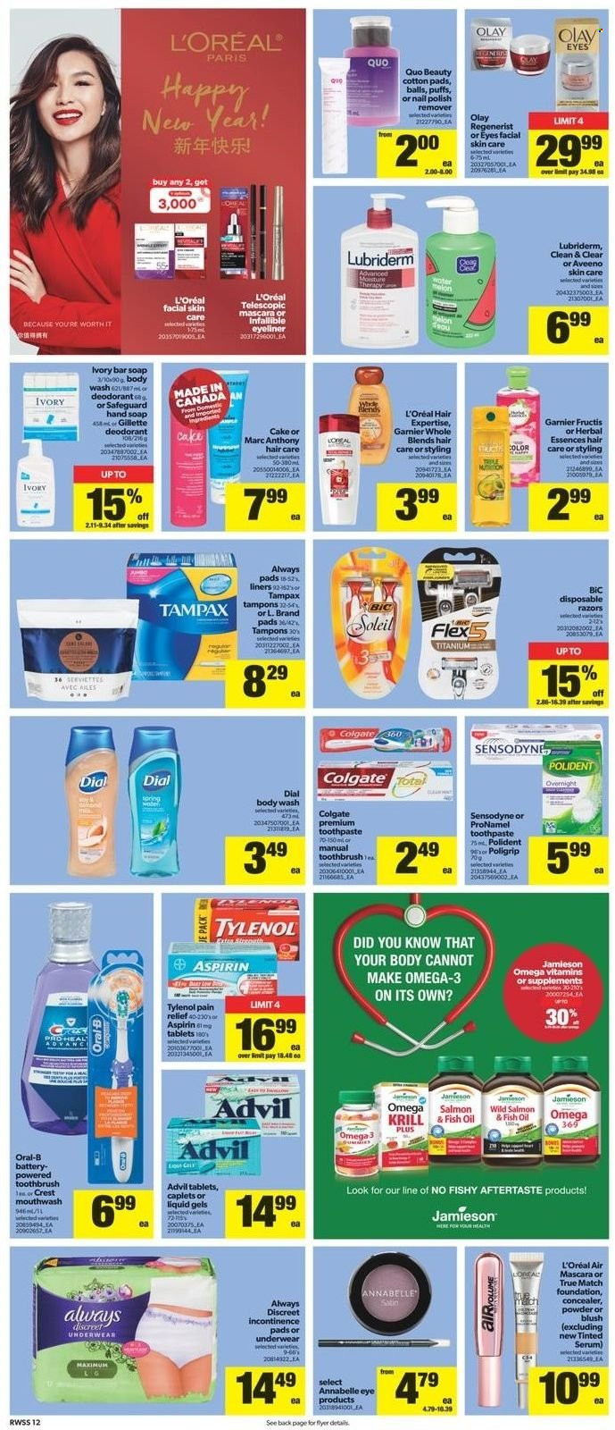 thumbnail - Real Canadian Superstore Flyer - January 20, 2022 - January 26, 2022 - Sales products - cake, puffs, watermelon, melons, salmon, milk, oil, Aveeno, body wash, hand soap, soap bar, Dial, soap, toothbrush, toothpaste, mouthwash, Polident, Crest, Always pads, Always Discreet, tampons, L’Oréal, serum, Olay, Clean & Clear, Herbal Essences, Fructis, Lubriderm, anti-perspirant, BIC, disposable razor, polish, corrector, mascara, eyeliner, battery, pain relief, fish oil, Tylenol, Omega-3, Advil Rapid, aspirin, Colgate, Garnier, Gillette, Tampax, Oral-B, Sensodyne, deodorant. Page 12.