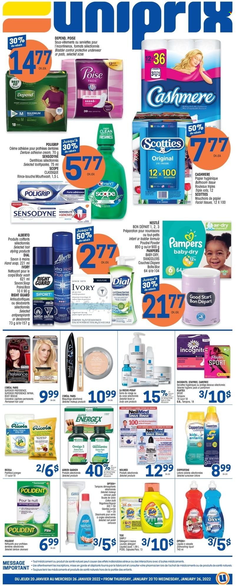 thumbnail - Uniprix Flyer - January 20, 2022 - January 26, 2022 - Sales products - Ricola, nappies, bath tissue, Tide, body wash, hand soap, Dial, soap, mouthwash, Polident, Crest, Stayfree, Playtex, Carefree, tampons, facial tissues, L’Oréal, La Roche-Posay, hair color, sunscreen lotion, polish, makeup, Omega-3, Nestlé, detergent, Pampers, Sensodyne, deodorant. Page 1.