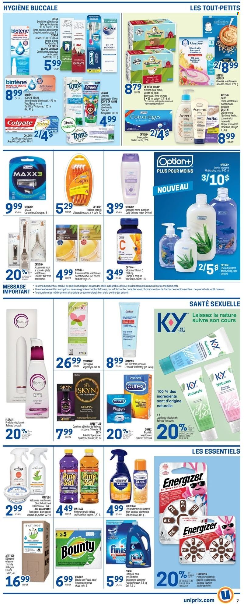 thumbnail - Uniprix Flyer - January 20, 2022 - January 26, 2022 - Sales products - Bounty, Gerber, cereals, Aveeno, cleaner, Pine-Sol, soap, Biotene, toothpaste, mouthwash, Crest, foot care, vitamin c, Desitin, Nestlé, detergent, Energizer, Colgate, Oral-B. Page 6.