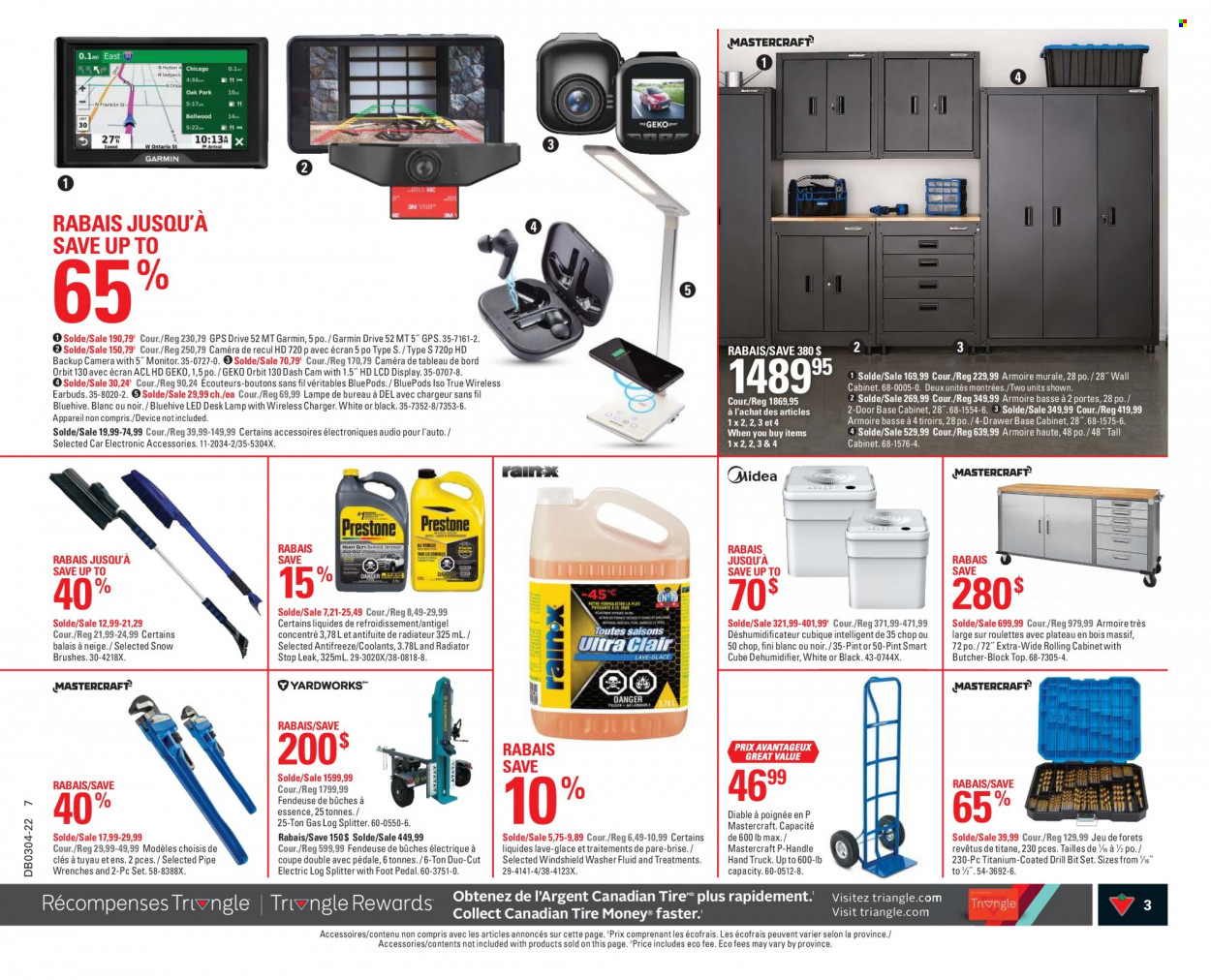 thumbnail - Canadian Tire Flyer - January 20, 2022 - January 26, 2022 - Sales products - washing machine, wireless charger, cabinet, wall cabinet, drawer base, desk, lamp, drill bit set, log splitter, hand truck, dashboard camera, antifreeze, washer fluid, Prestone, camera. Page 3.