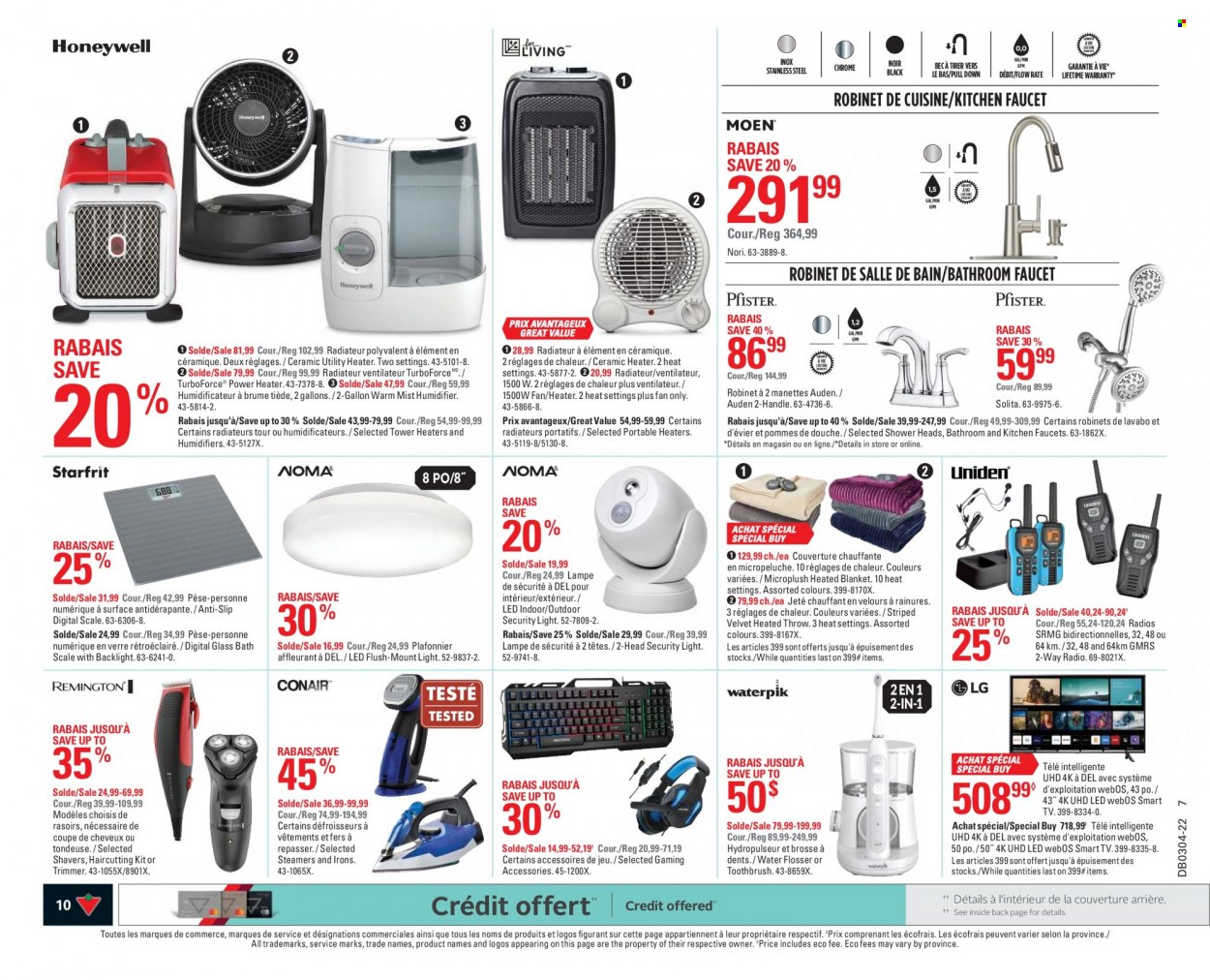 thumbnail - Canadian Tire Flyer - January 20, 2022 - January 26, 2022 - Sales products - scale, personal scale, gallon, blanket, trimmer, haircutting kit, heated throw, Uniden, Honeywell, humidifier, faucet, heater, radio, LG, smart tv. Page 10.