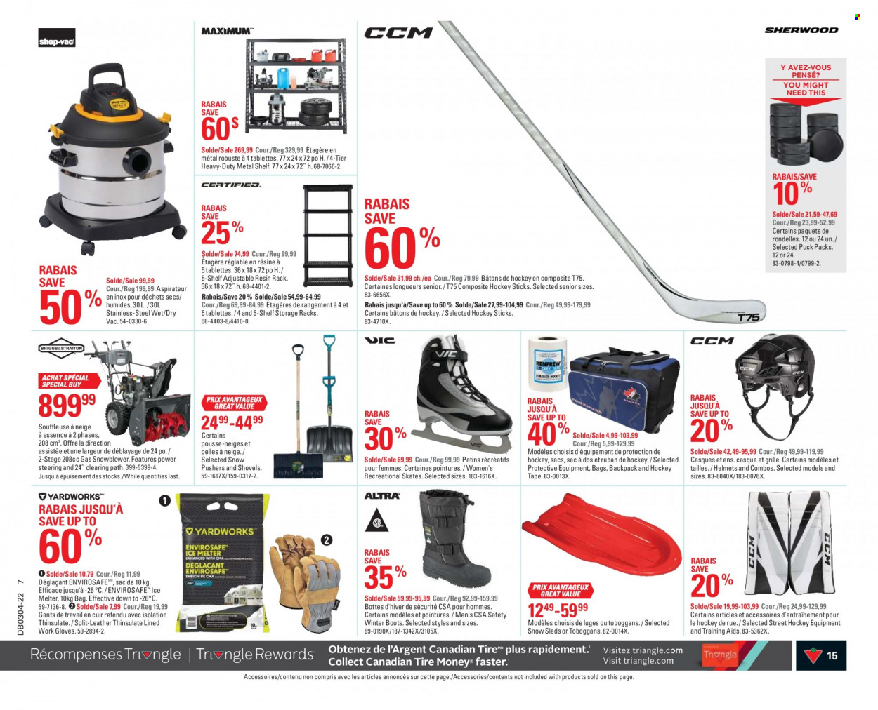 thumbnail - Canadian Tire Flyer - January 20, 2022 - January 26, 2022 - Sales products - gloves, vacuum cleaner, shelves, boots, winter boots, skates, backpack, snow blower, shovel, work gloves, ice melter. Page 15.