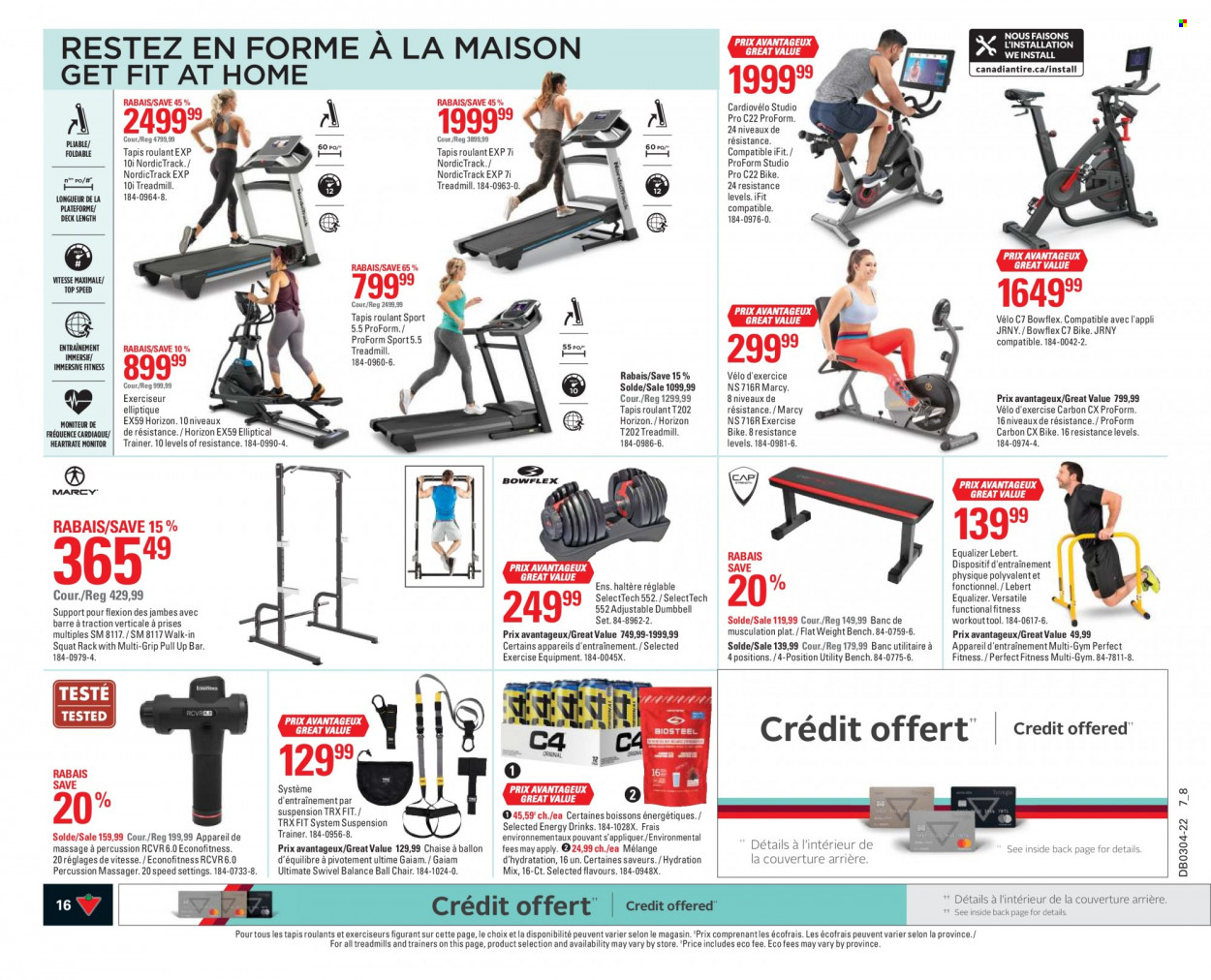 thumbnail - Canadian Tire Flyer - January 20, 2022 - January 26, 2022 - Sales products - percussion instrument, massager, chair, bench, ball chair, trainers, treadmill, ProForm, dumbbell, squat rack, weights set. Page 16.