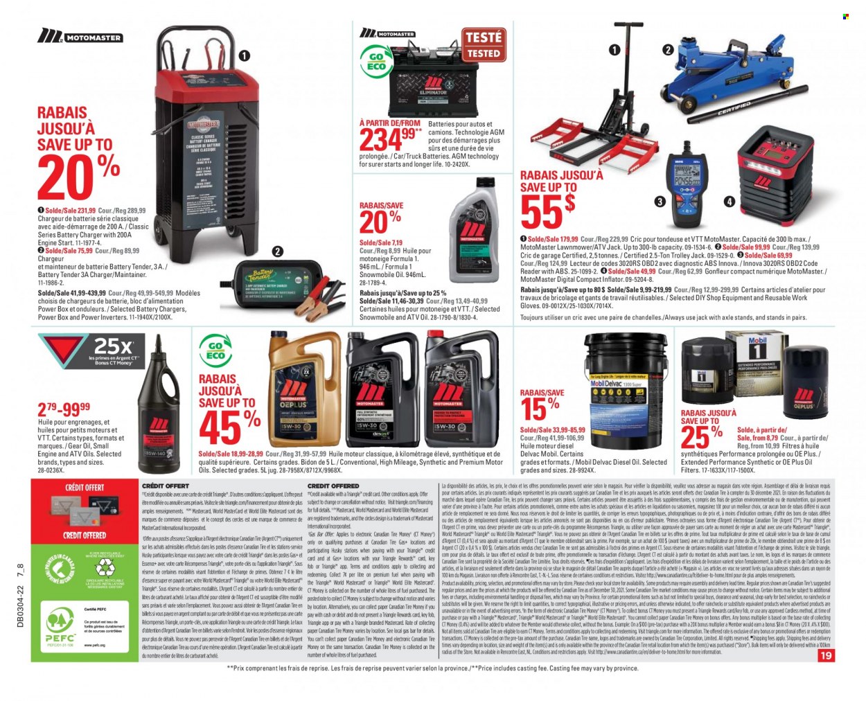 thumbnail - Canadian Tire Flyer - January 20, 2022 - January 26, 2022 - Sales products - trolley, presenter, paper, battery charger, battery tender, inflator, lawn mower, work gloves, cart, Mobil, diesel oil. Page 19.