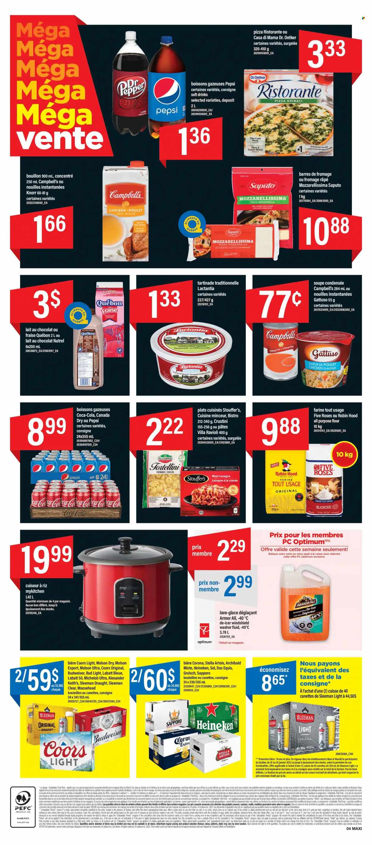 thumbnail - Maxi Flyer - January 20, 2022 - January 26, 2022 - Sales products - Campbell's, ravioli, pizza, tortellini, lasagna meal, Dr. Oetker, Stouffer's, all purpose flour, bouillon, flour, pepper, Canada Dry, Coca-Cola, Pepsi, soft drink, beer, Bud Light, Corona Extra, Heineken, Sol, Grolsch, Knorr, Budweiser, Stella Artois, Coors, Dos Equis, Michelob. Page 5.