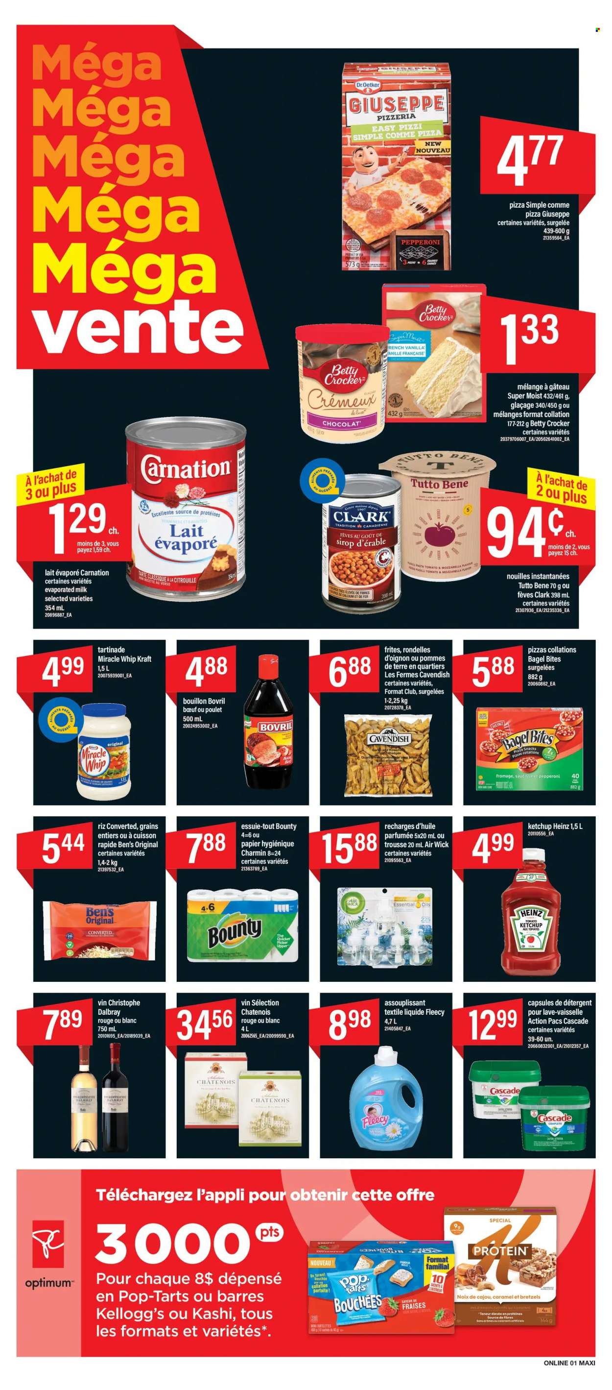 thumbnail - Maxi Flyer - January 20, 2022 - January 26, 2022 - Sales products - bagels, pizza, pasta, Kraft®, pepperoni, Dr. Oetker, evaporated milk, Miracle Whip, snack, Bounty, Kellogg's, Pop-Tarts, bouillon, caramel, Charmin, Cascade, Heinz, calcium, detergent, ketchup. Page 6.