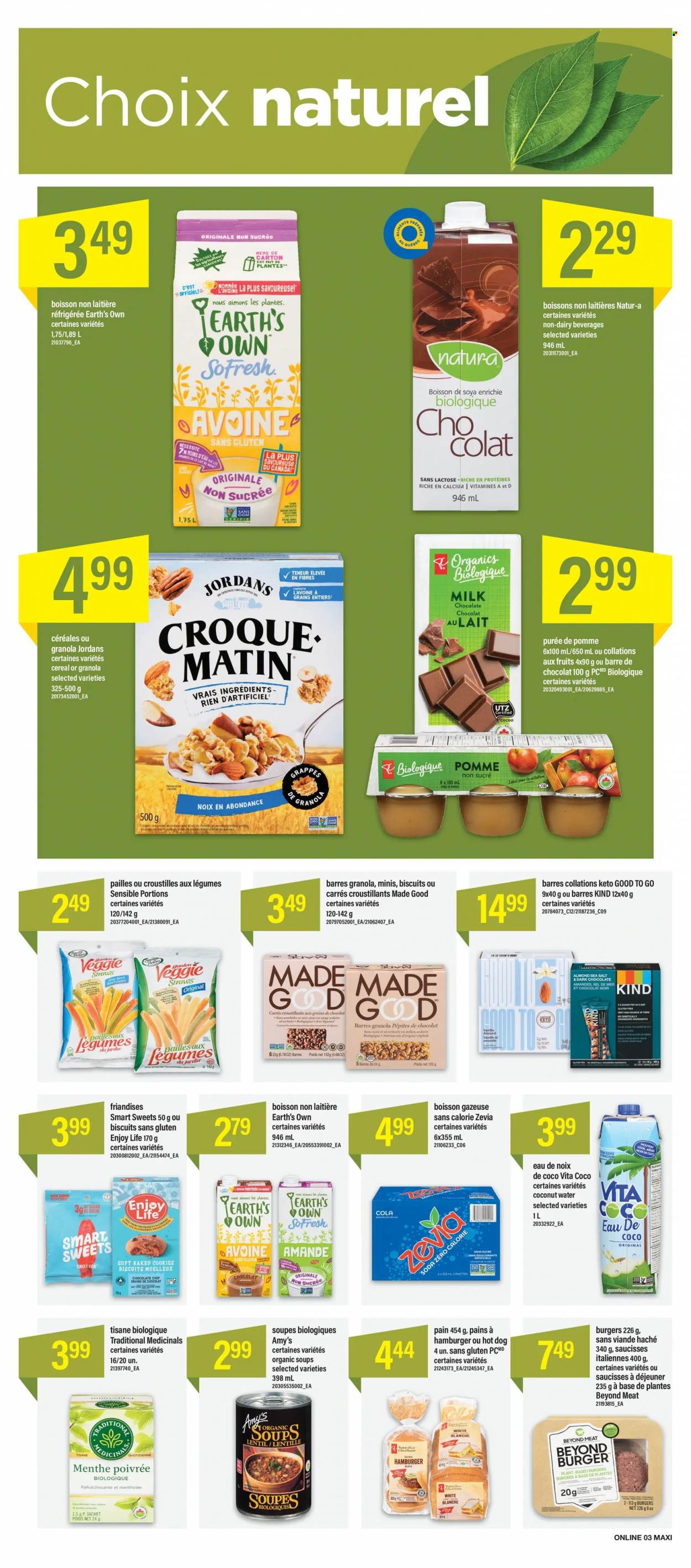 thumbnail - Maxi Flyer - January 20, 2022 - January 26, 2022 - Sales products - pears, fish, hot dog, hamburger, cookies, milk chocolate, biscuit, dark chocolate, cocoa, sugar, sea salt, cereals, coconut water, soda, calcium, granola. Page 8.