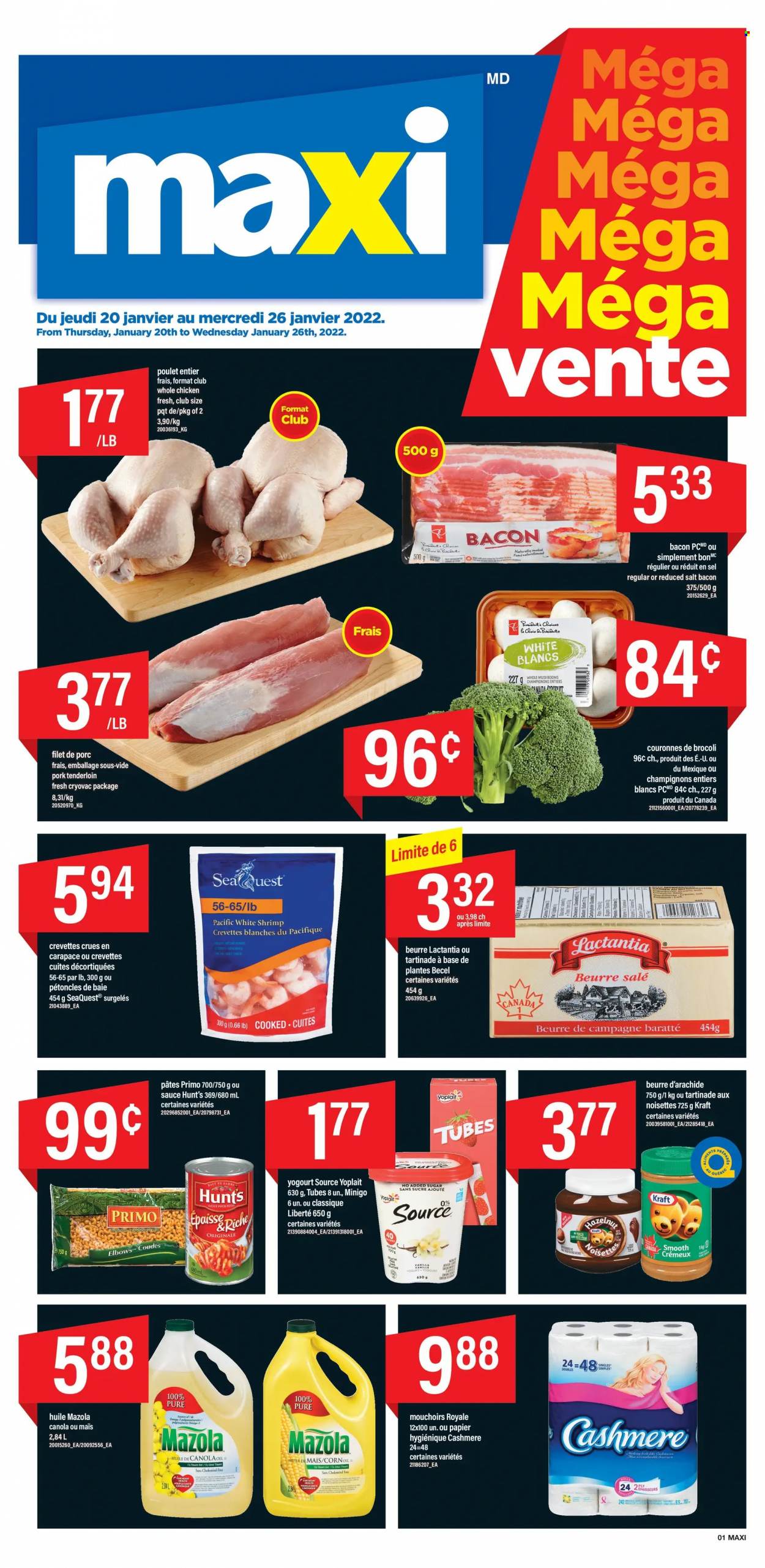 thumbnail - Maxi & Cie Flyer - January 20, 2022 - January 26, 2022 - Sales products - mushrooms, shrimps, sauce, Kraft®, bacon, Yoplait, salt, whole chicken, chicken, pork meat, pork tenderloin. Page 1.