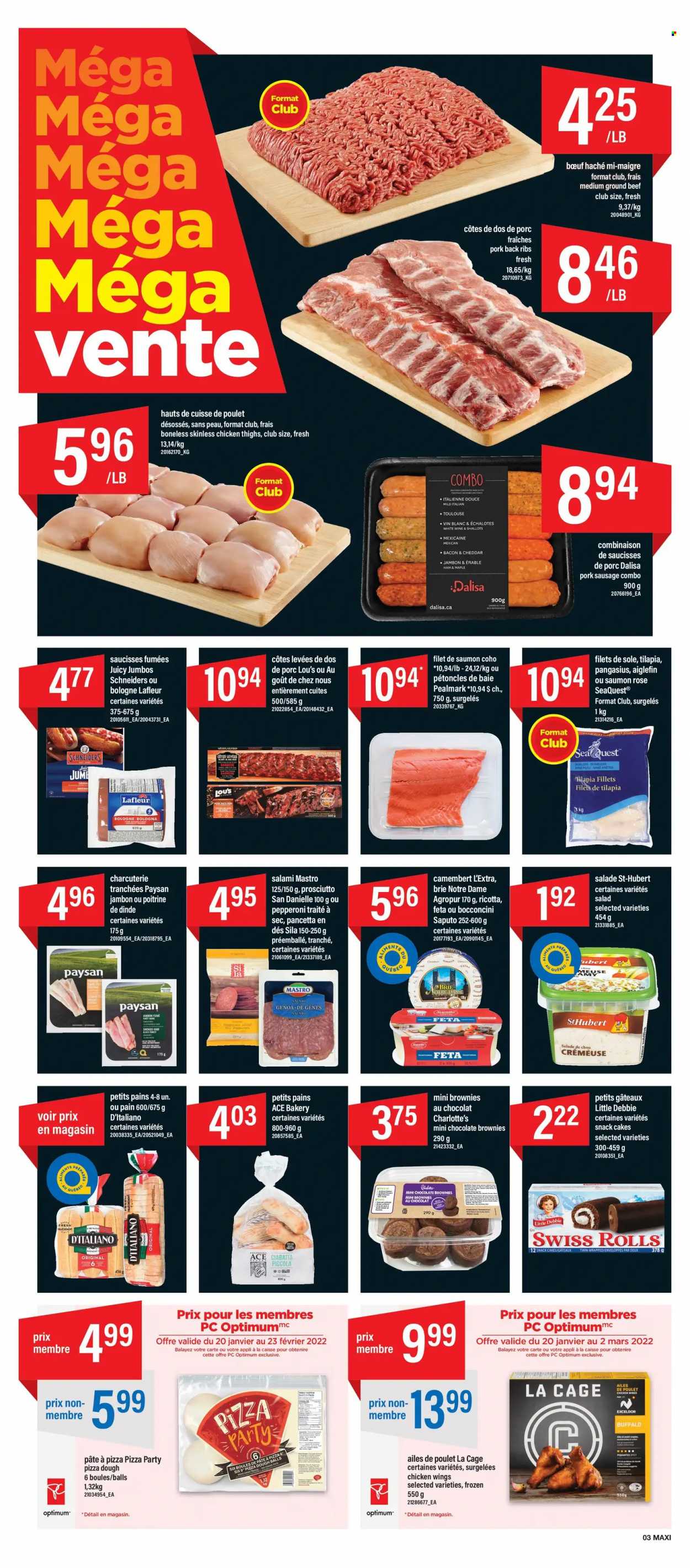 thumbnail - Maxi & Cie Flyer - January 20, 2022 - January 26, 2022 - Sales products - cake, ACE Bakery, brownies, shallots, salad, tilapia, pangasius, bacon, salami, ham, prosciutto, bologna sausage, sausage, pork sausage, pepperoni, bocconcini, brie, feta, pizza dough, chicken wings, chocolate, snack, Mars, white wine, wine, rosé wine, chicken thighs, chicken, beef meat, ground beef, pork meat, pork ribs, pork back ribs, camembert, ciabatta, ricotta, pancetta. Page 4.