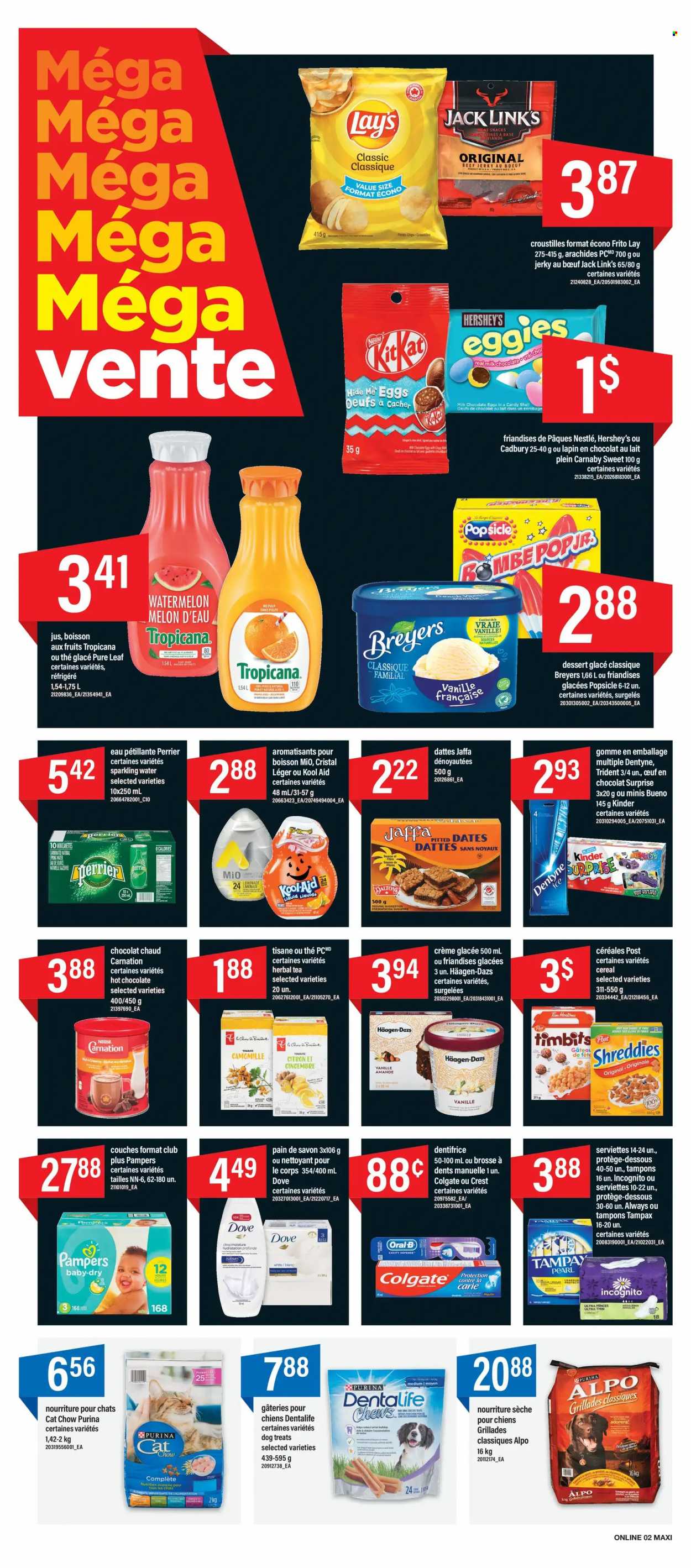thumbnail - Maxi & Cie Flyer - January 20, 2022 - January 26, 2022 - Sales products - watermelon, melons, beef jerky, jerky, Hershey's, Häagen-Dazs, milk chocolate, snack, Cadbury, Trident, chocolate egg, potato chips, Lay’s, Jack Link's, cereals, lemonade, Perrier, sparkling water, hot chocolate, tea, herbal tea, Pure Leaf, Crest, tampons, Nestlé, Dove, Colgate, kool aid, Tampax, Pampers, Oral-B, chips. Page 7.