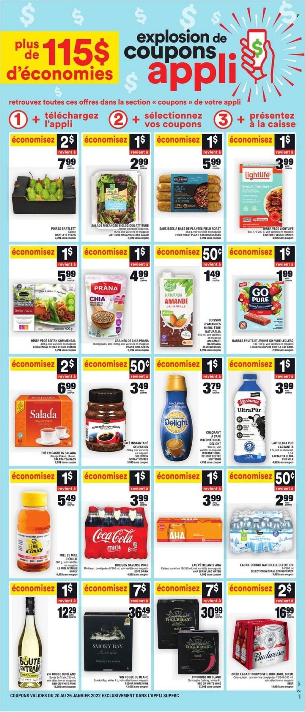 thumbnail - Super C Flyer - January 20, 2022 - January 26, 2022 - Sales products - salad, Bartlett pears, pears, sausage, milk, chia seeds, honey, Coca-Cola, soft drink, spring water, sparkling water, tea bags, instant coffee, wine, beer, Bud Light, Budweiser, oranges. Page 10.