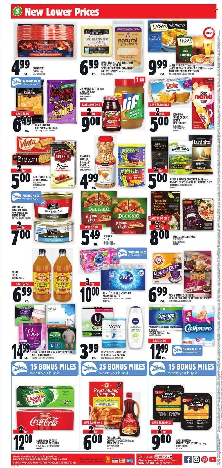 thumbnail - Metro Flyer - January 20, 2022 - January 26, 2022 - Sales products - ginger, Dole, Mott's, fish fillets, haddock, fish, shrimps, pizza, fried chicken, pancakes, bacon, salami, sliced cheese, string cheese, yoghurt, Clover, snack, crackers, chocolate bar, ARM & HAMMER, Harvest Snaps, apple cider vinegar, fruit jam, peanut butter, syrup, Jif, cashews, Planters, Canada Dry, Coca-Cola, sparkling water, napkins, bath tissue, sanitary napkins, Always Discreet, Kotex, sponge, cup, towel, cat litter, animal food, cat food, dog food, Purina, Friskies, Nestlé, Nivea, chips. Page 12.