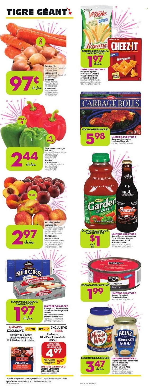 thumbnail - Giant Tiger Flyer - January 19, 2022 - January 25, 2022 - Sales products - Blue Ribbon, cabbage, carrots, onion, peppers, nectarines, plums, peaches, Mott's, salmon, Kraft®, bologna sausage, Clover, mayonnaise, Miracle Whip, snack, crackers, Veggie Straws, Cheez-It, prunes, dried fruit, soda, beer, Heinz. Page 1.
