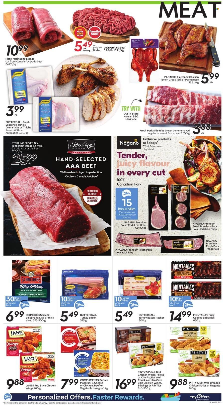 thumbnail - Sobeys Urban Fresh Flyer - January 20, 2022 - January 26, 2022 - Sales products - Blue Ribbon, macaroni & cheese, nuggets, fried chicken, lasagna meal, bacon, Butterball, turkey bacon, bologna sausage, chicken wings, strips, chicken strips, marinade, turkey, turkey drumsticks, beef meat, ground beef, beef tenderloin, pork loin, pork meat, pork tenderloin, pet bed, steak. Page 3.
