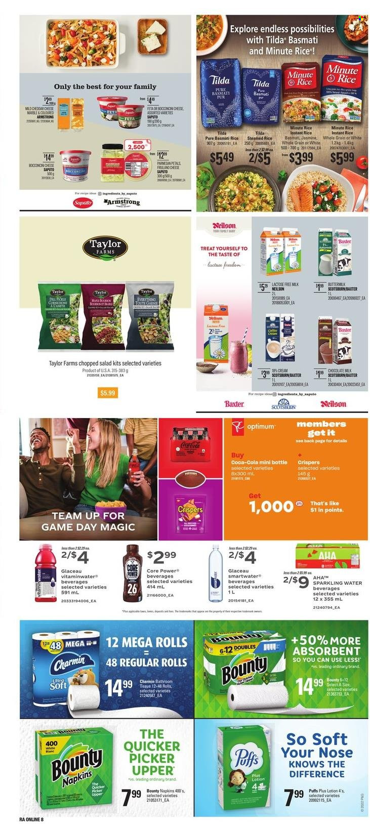 thumbnail - Atlantic Superstore Flyer - January 20, 2022 - January 26, 2022 - Sales products - puffs, chopped salad, parmesan, cheese, feta, buttermilk, lactose free milk, Core Power, milk chocolate, chocolate, Bounty, basmati rice, rice, dill, Coca-Cola, sparkling water, Smartwater, coffee, bath tissue, Charmin, Optimum. Page 13.