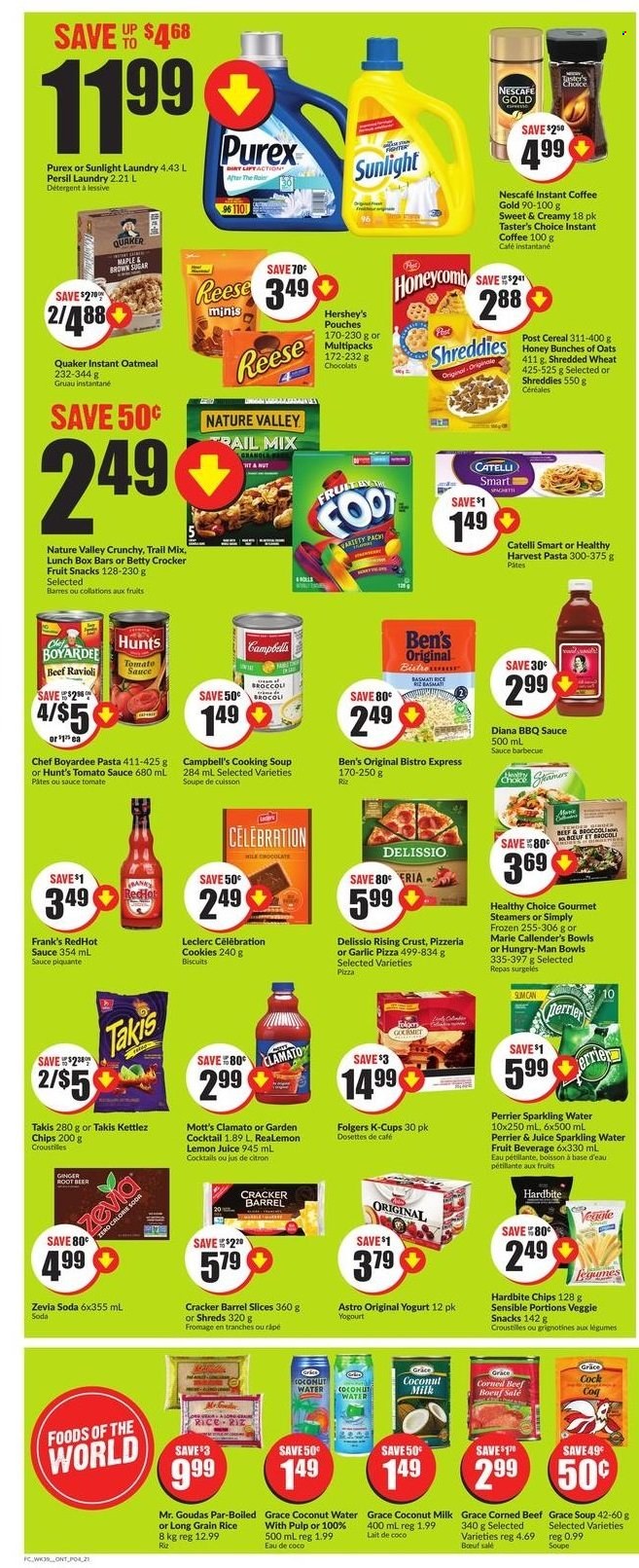 thumbnail - Chalo! FreshCo. Flyer - January 20, 2022 - January 26, 2022 - Sales products - garlic, ginger, Mott's, Campbell's, ravioli, pizza, soup, pasta, sauce, Quaker, Healthy Choice, Marie Callender's, Harvest Pasta, corned beef, yoghurt, Hershey's, cookies, Celebration, crackers, biscuit, fruit snack, oatmeal, coconut milk, tomato sauce, Chef Boyardee, cereals, Nature Valley, rice, long grain rice, BBQ sauce, trail mix, Clamato, coconut water, Perrier, soda, sparkling water, lemon juice, instant coffee, Folgers, coffee capsules, K-Cups, beer, beef meat, Nescafé. Page 4.