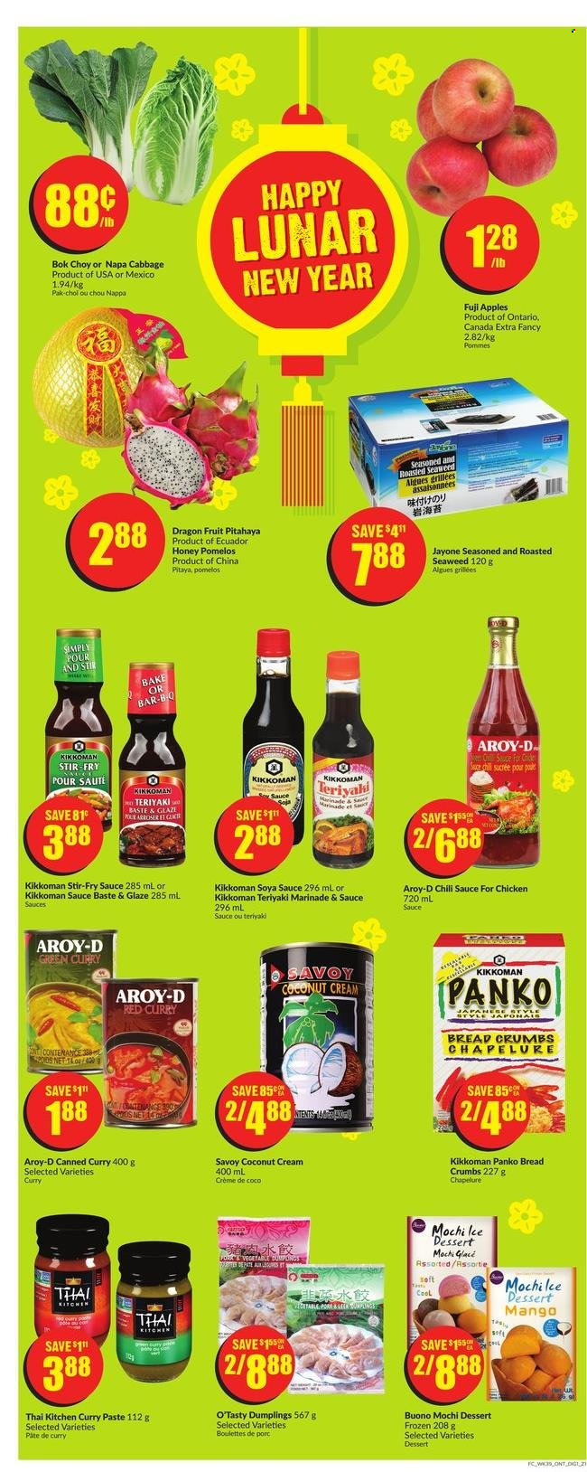 thumbnail - Chalo! FreshCo. Flyer - January 20, 2022 - January 26, 2022 - Sales products - breadcrumbs, panko breadcrumbs, bok choy, cabbage, apples, Fuji apple, coconut, dragon fruit, dumplings, red curry, seaweed, curry paste, soy sauce, chilli sauce, Kikkoman, marinade, honey. Page 7.