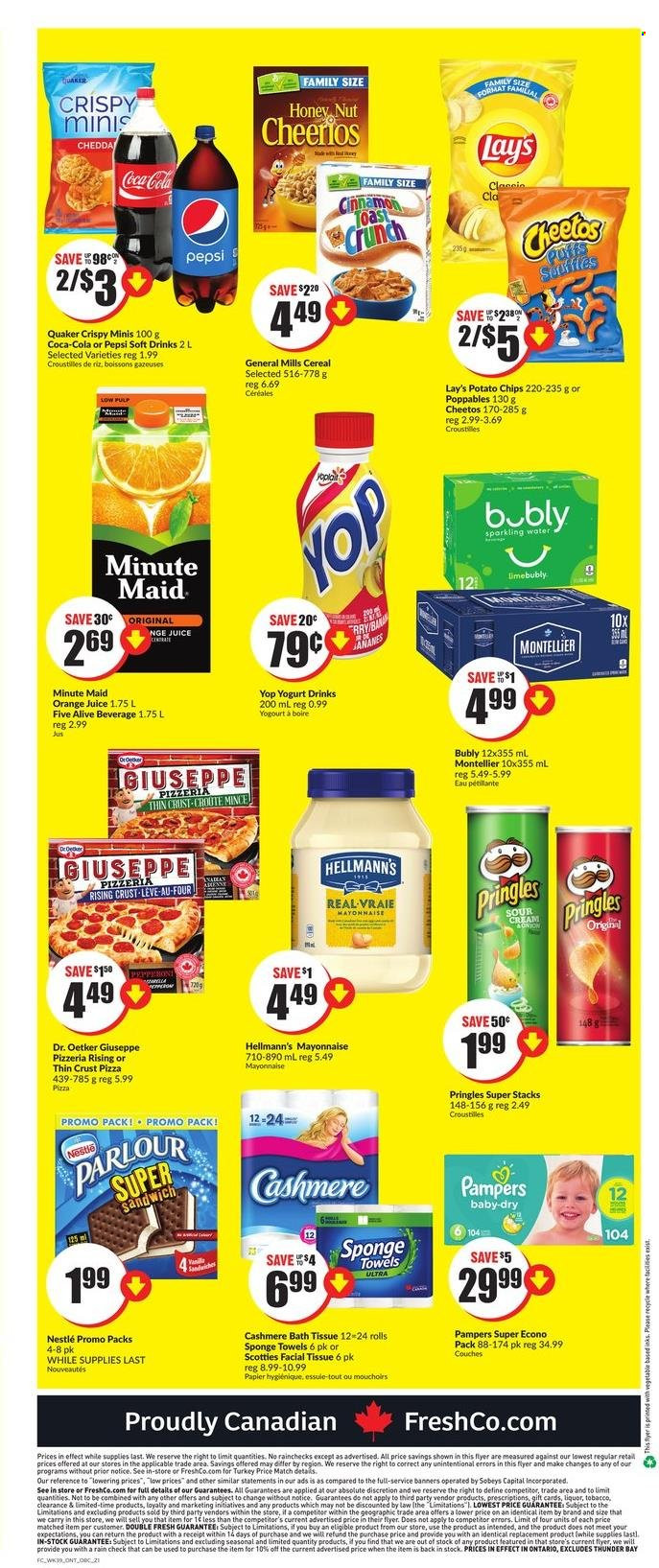 thumbnail - FreshCo. Flyer - January 20, 2022 - January 26, 2022 - Sales products - pizza, sandwich, Quaker, Dr. Oetker, yoghurt, yoghurt drink, mayonnaise, Hellmann’s, potato chips, Pringles, Cheetos, Lay’s, cereals, Cheerios, cinnamon, Coca-Cola, Pepsi, orange juice, juice, soft drink, fruit punch, Nestlé, chips. Page 6.