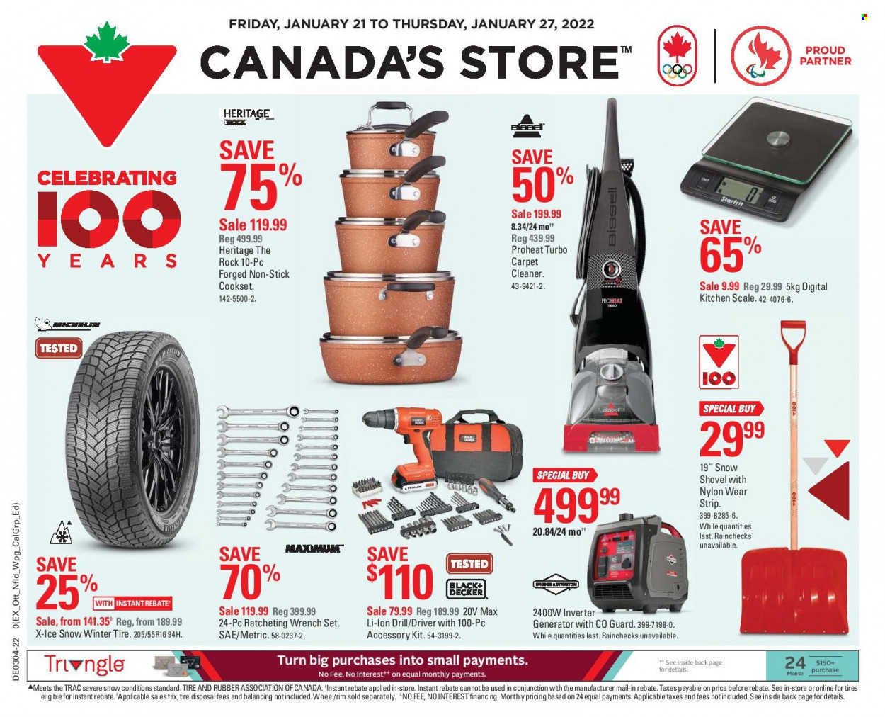thumbnail - Canadian Tire Flyer - January 21, 2022 - January 27, 2022 - Sales products - scale, cleaner, kitchen scale, eraser, Black & Decker, inverter generator, drill, wrench, shovel, snow shovel, wrench set, generator. Page 1.