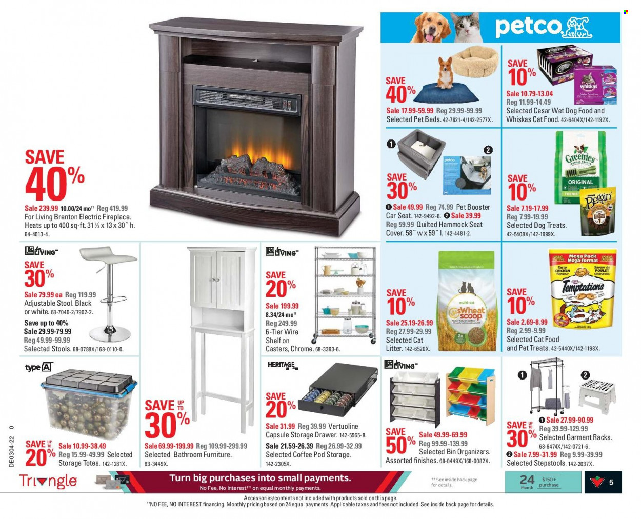 thumbnail - Canadian Tire Flyer - January 21, 2022 - January 27, 2022 - Sales products - bin, cat litter, pet bed, Greenies, animal food, cat food, dog food, wet dog food, stool, bed, tote, baby car seat, fireplace, electric fireplace, hammock, car seat cover, Whiskas. Page 5.