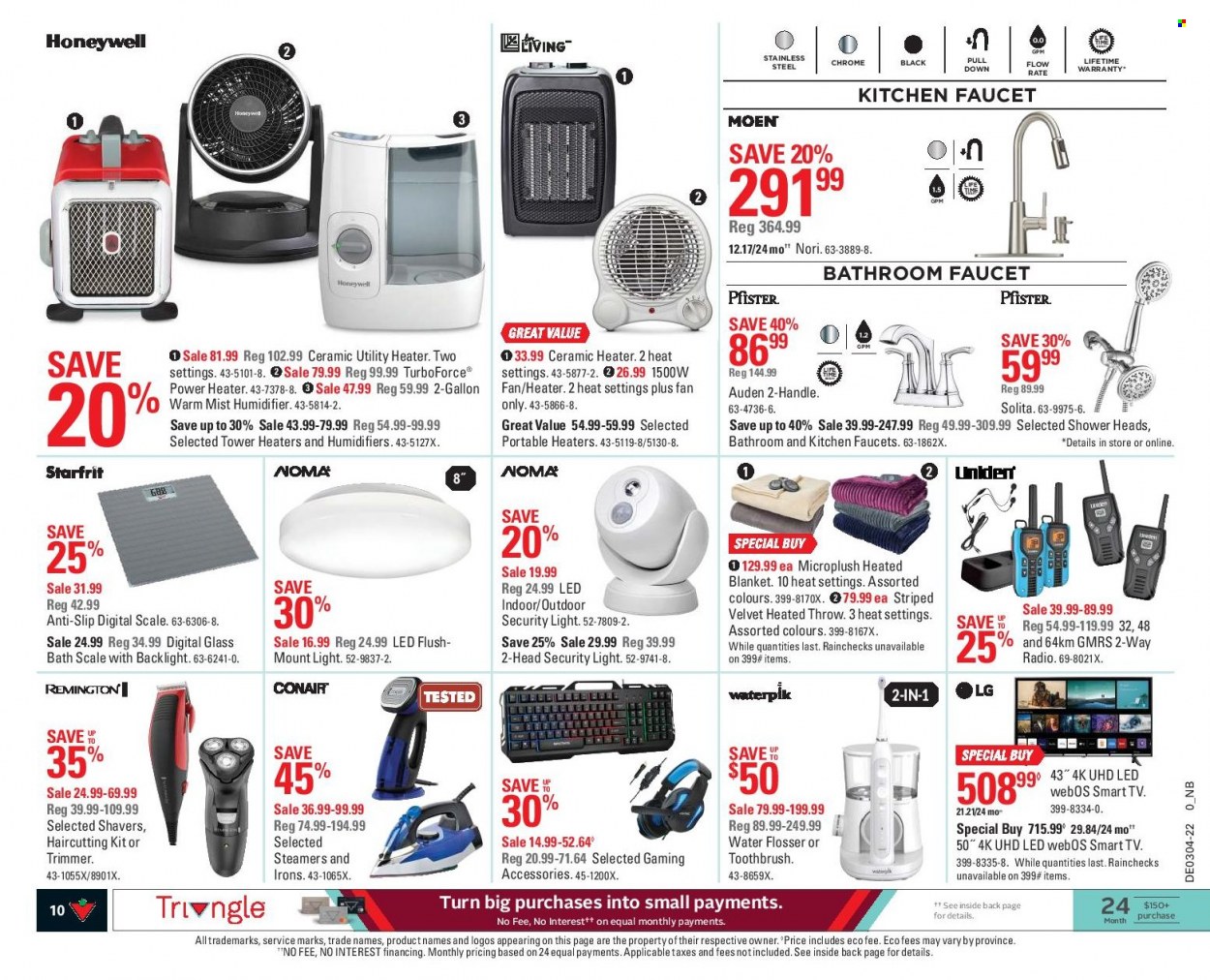 thumbnail - Canadian Tire Flyer - January 21, 2022 - January 27, 2022 - Sales products - scale, personal scale, gallon, blanket, trimmer, haircutting kit, heated throw, Honeywell, humidifier, faucet, heater, radio, Remington, LG, smart tv. Page 10.