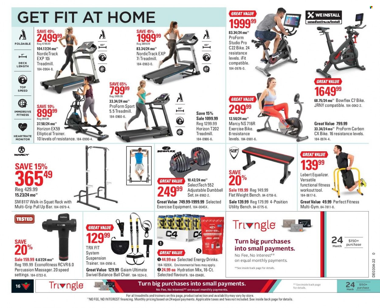 thumbnail - Canadian Tire Flyer - January 21, 2022 - January 27, 2022 - Sales products - percussion instrument, massager, chair, bench, ball chair, trainers, treadmill, ProForm, dumbbell, squat rack, weights set. Page 16.