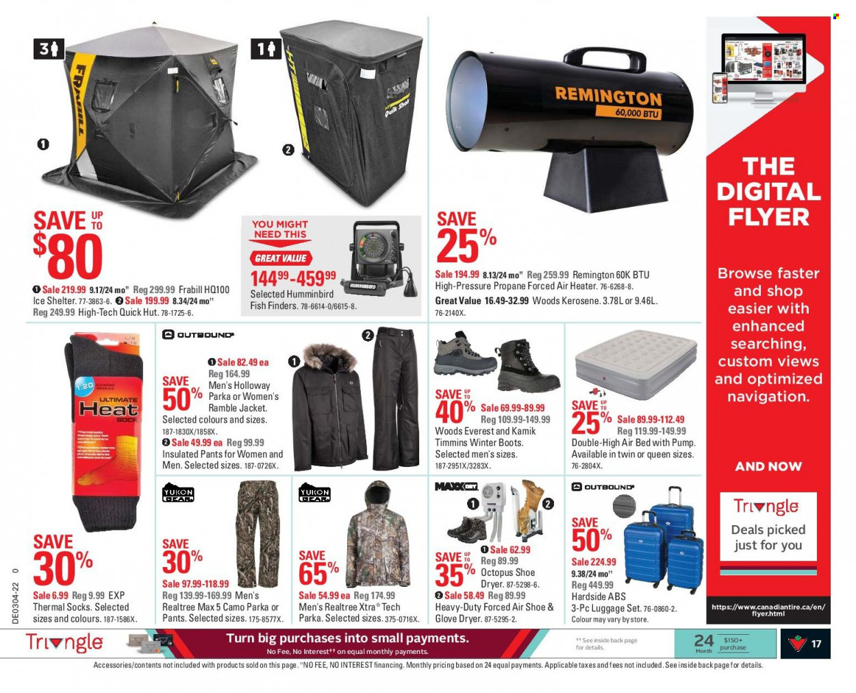 thumbnail - Canadian Tire Flyer - January 21, 2022 - January 27, 2022 - Sales products - XTRA, gloves, bed, boots, winter boots, pump, ice shelter, heater, kerosene, Remington, parka. Page 17.