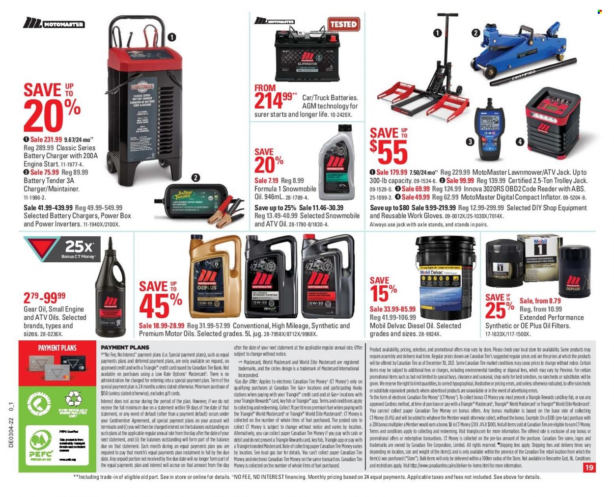 thumbnail - Canadian Tire Flyer - January 21, 2022 - January 27, 2022 - Sales products - gloves, trolley, paper, battery charger, battery tender, inflator, lawn mower, work gloves, oil filter, Mobil, diesel oil. Page 19.