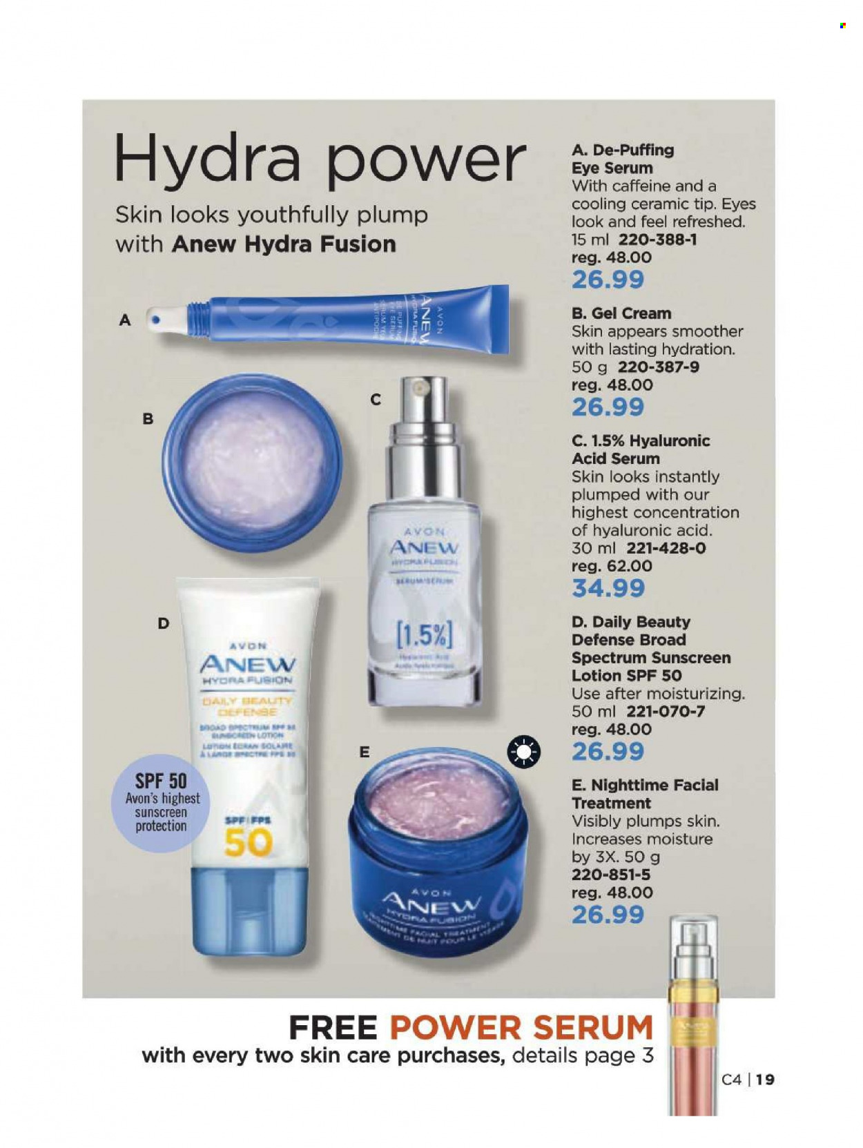 thumbnail - Avon Flyer - Sales products - Avon, Anew, gel cream, serum, body lotion, sunscreen lotion, bra, Spectrum. Page 19.
