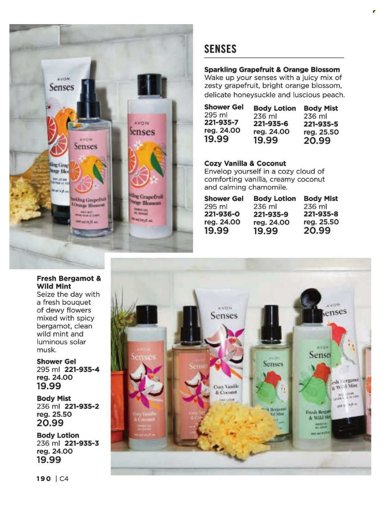 thumbnail - Avon Flyer - Sales products - shower gel, Avon, body lotion, body mist. Page 190.