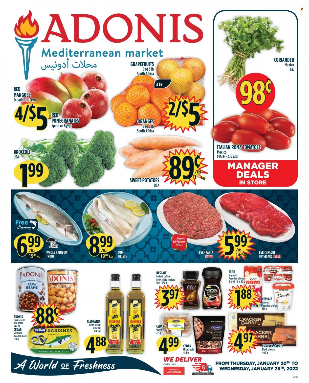 thumbnail - Adonis Flyer - January 20, 2022 - January 26, 2022 - Sales products - broccoli, fava beans, sweet potato, tomatoes, potatoes, grapefruits, mango, pomegranate, cod, sardines, trout, cheese, yoghurt, Yoplait, crackers, coriander, extra virgin olive oil, soya oil, olive oil, oil, walnuts, peanuts, mixed nuts, instant coffee, beef meat, beef sirloin, steak, Nescafé, oranges. Page 1.
