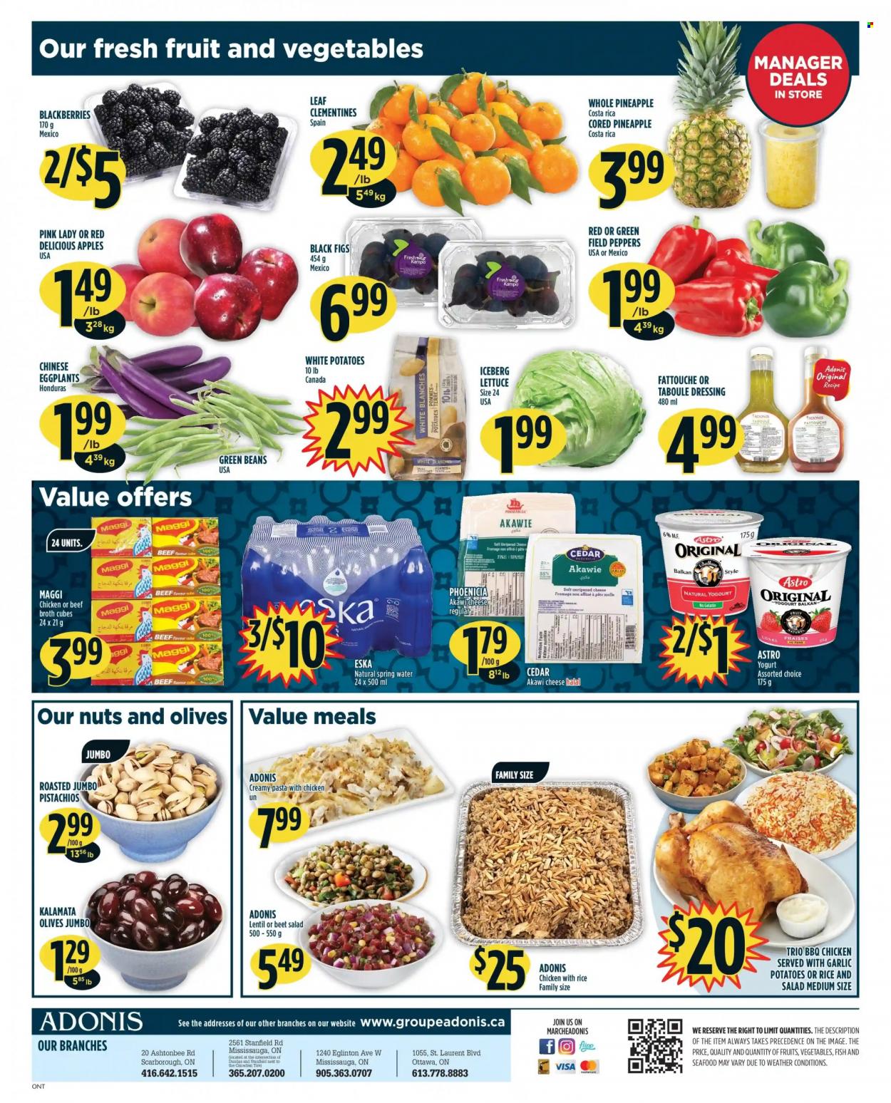 thumbnail - Adonis Flyer - January 20, 2022 - January 26, 2022 - Sales products - beans, green beans, potatoes, eggplant, apples, blackberries, clementines, figs, Red Delicious apples, pineapple, Pink Lady, seafood, yoghurt, beef broth, Maggi, broth, dressing, pistachios, spring water, gelatin, olives. Page 2.