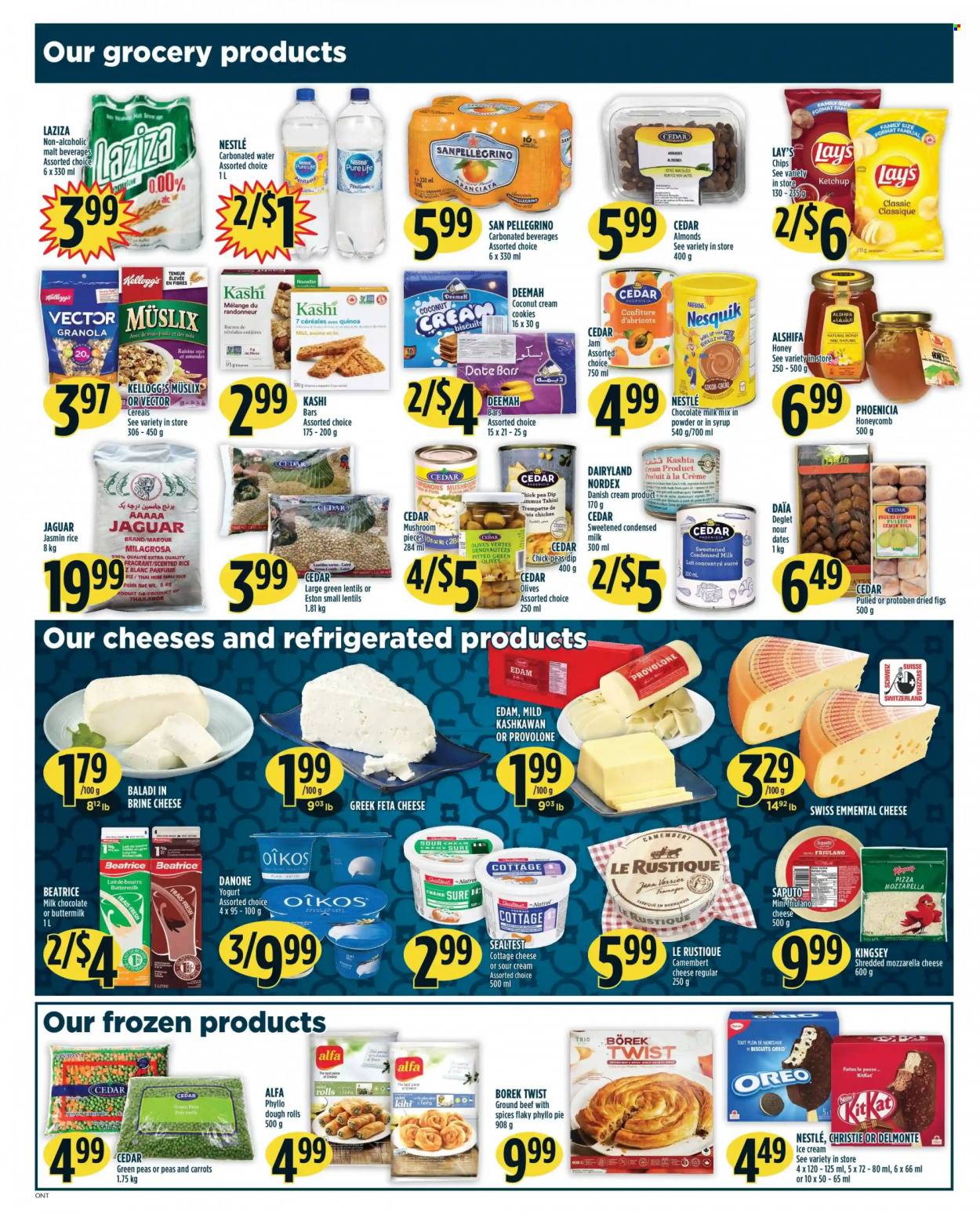 thumbnail - Adonis Flyer - January 20, 2022 - January 26, 2022 - Sales products - pie, carrots, figs, coconut, pizza, cottage cheese, edam cheese, feta, Provolone, yoghurt, Oikos, buttermilk, condensed milk, sour cream, dip, ice cream, cookies, milk chocolate, KitKat, Kellogg's, biscuit, Lay’s, lentils, cereals, rice, tahini, honey, fruit jam, almonds, dried fruit, dried figs, San Pellegrino, beef meat, ground beef, Sure, Oreo, Danone, Nesquik, Nestlé, camembert, granola, quinoa, raisins, ketchup, olives. Page 4.
