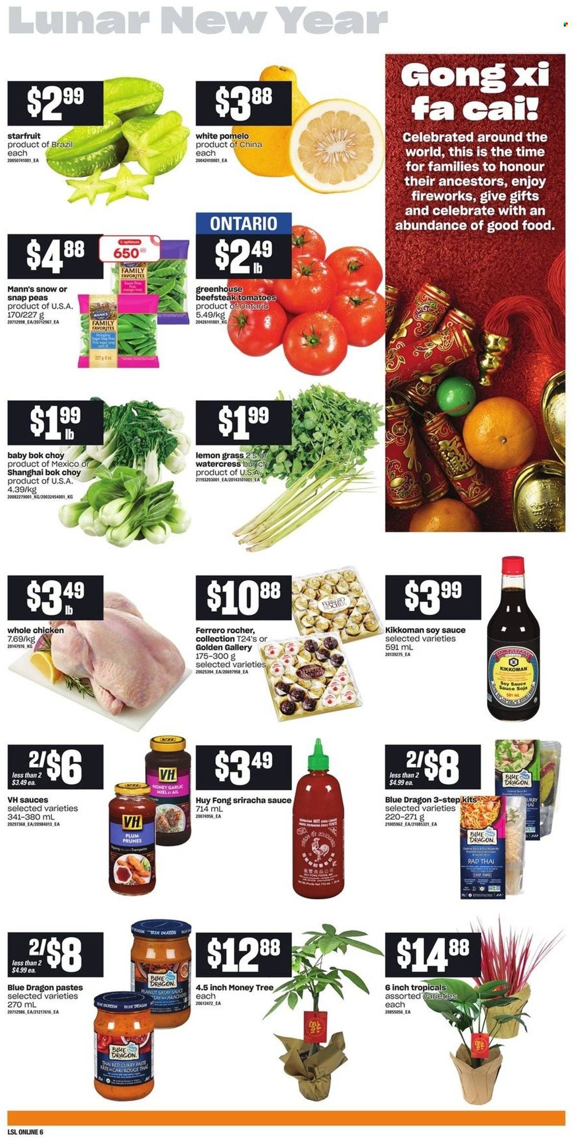 thumbnail - Loblaws Flyer - January 20, 2022 - January 26, 2022 - Sales products - bok choy, tomatoes, peas, pomelo, red curry, snap peas, watercress, curry paste, soy sauce, sriracha, Kikkoman, honey, prunes, dried fruit, whole chicken, chicken. Page 10.