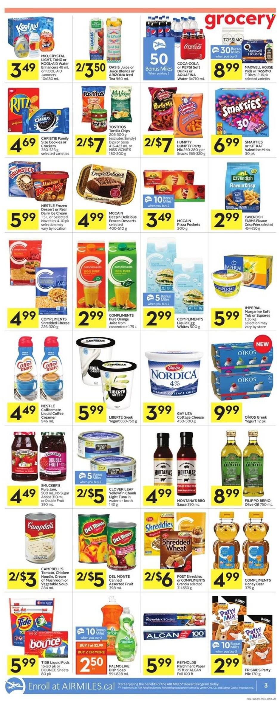 thumbnail - Foodland Flyer - January 20, 2022 - January 26, 2022 - Sales products - tuna, Campbell's, vegetable soup, pizza, soup, sauce, noodles, cottage cheese, shredded cheese, greek yoghurt, yoghurt, Clover, Oikos, Coffee-Mate, eggs, margarine, creamer, ice cream, McCain, potato fries, cookies, KitKat, crackers, RITZ, tortilla chips, Tostitos, broth, tuna in water, light tuna, BBQ sauce, salsa, olive oil, oil, honey, fruit jam, Coca-Cola, Pepsi, orange juice, juice, ice tea, soft drink, AriZona, Aquafina, Maxwell House, L'Or, Oreo, Nestlé, granola, Smarties. Page 5.