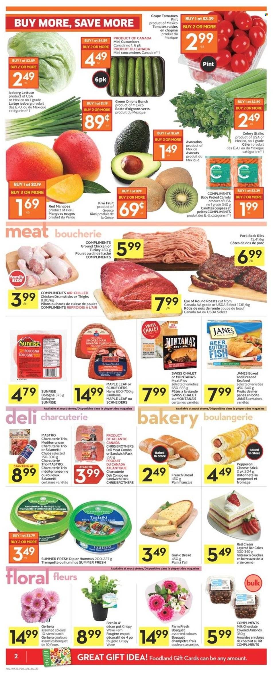 thumbnail - Co-op Flyer - January 20, 2022 - January 26, 2022 - Sales products - cake, pie, french bread, carrots, celery, cucumber, tomatoes, lettuce, green onion, sleeved celery, avocado, mango, seafood, fish, meat pie, salami, ham, smoked ham, bologna sausage, charcuterie, tzatziki, hummus, asiago, cheese, dip, milk chocolate, almonds, chocolate covered nuts, alcohol, BROTHERS, ground chicken, ground turkey, chicken thighs, chicken drumsticks, chicken, turkey, beef meat, eye of round, ribs, pork meat, pork ribs, pork back ribs, WAVE, bouquet, gerbera, kiwi. Page 2.