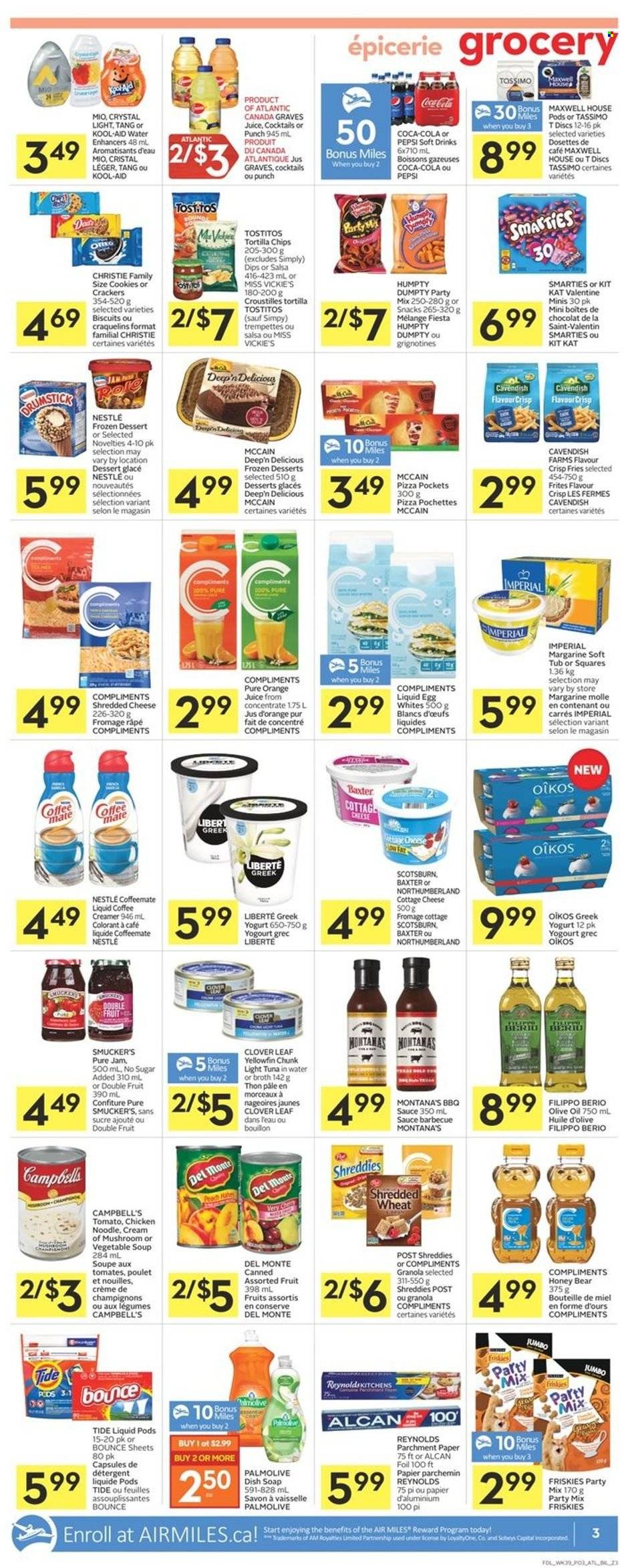 thumbnail - Co-op Flyer - January 20, 2022 - January 26, 2022 - Sales products - tuna, Campbell's, vegetable soup, pizza, soup, sauce, noodles, cottage cheese, shredded cheese, greek yoghurt, yoghurt, Clover, Oikos, eggs, margarine, creamer, McCain, potato fries, cookies, KitKat, crackers, biscuit, tortilla chips, Tostitos, bouillon, broth, tuna in water, light tuna, BBQ sauce, salsa, olive oil, oil, honey, fruit jam, Coca-Cola, Pepsi, orange juice, juice, soft drink, Maxwell House, Nestlé, detergent, granola, Smarties. Page 5.
