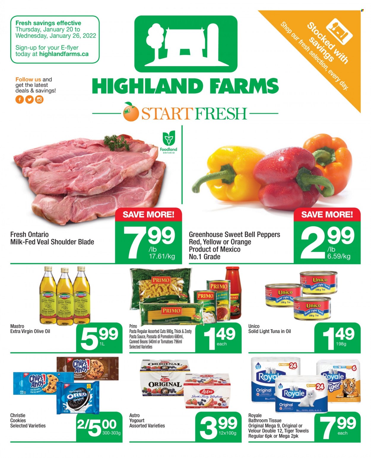 thumbnail - Highland Farms Flyer - January 20, 2022 - January 26, 2022 - Sales products - beans, bell peppers, tomatoes, peppers, tuna, pasta sauce, milk, cookies, light tuna, extra virgin olive oil, olive oil, oranges. Page 1.